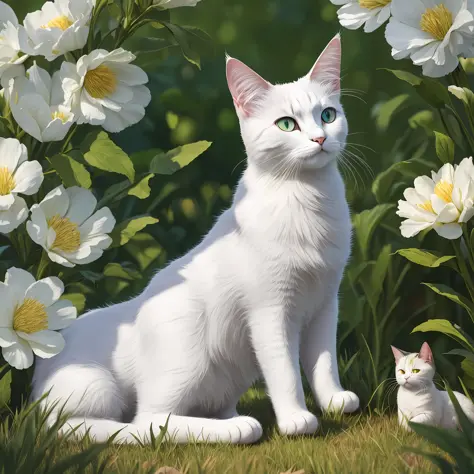 1cat, Maine, white cat, in a meadow, sit, during the day, sitting on the prairie, best quality, masterpiece, illustration, an ex...