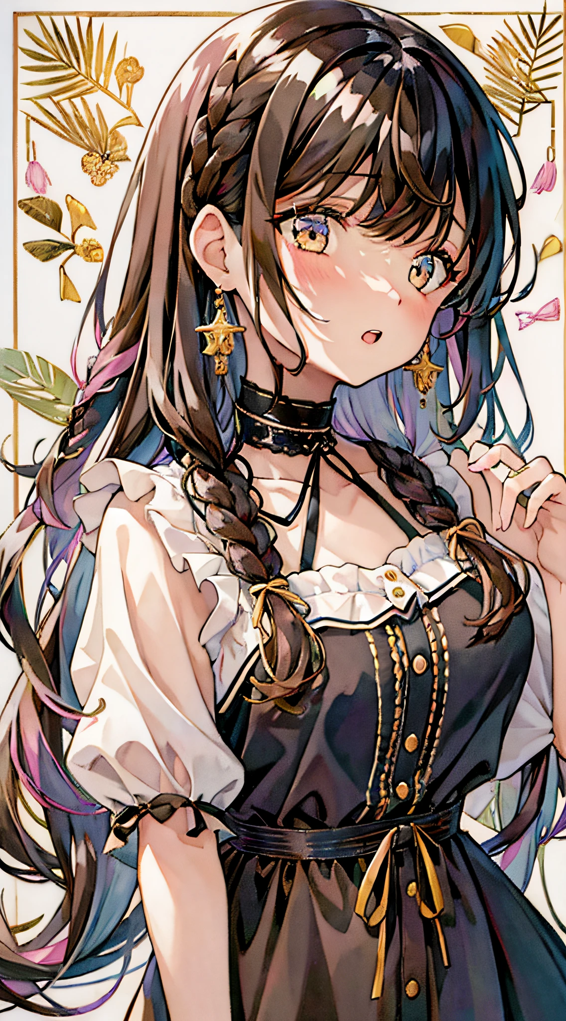 1girl, bangs, black_border, black_choker, black_ribbon, blush, border, braid, breasts, brown_eyes, brown_hair, choker, collarbone, colored_pencil_\(medium\), dress, earrings, eyebrows_visible_through_hair, food, frills, hair_between_eyes, hair_ornament, hair_ribbon, holding, jewelry, long_hair, looking_at_viewer, marker_\(medium\), open_mouth, painting_\(medium\), ribbon, ribbon_braid, shikishi, shirt, short_sleeves, side_braid, simple_background, single_braid, solo, traditional_media, upper_body, watercolor_\(medium\), white_background, white_ribbon