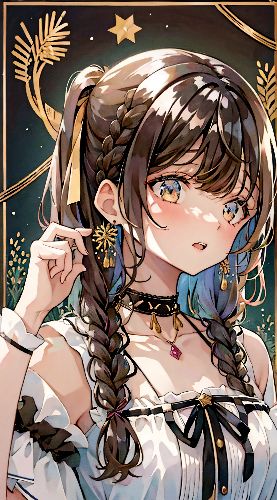 1girl, bangs, black_border, black_choker, black_ribbon, blush, border, braid, breasts, brown_eyes, brown_hair, choker, collarbone, colored_pencil_\(medium\), dress, earrings, eyebrows_visible_through_hair, food, frills, hair_between_eyes, hair_ornament, hair_ribbon, holding, jewelry, long_hair, looking_at_viewer, marker_\(medium\), open_mouth, painting_\(medium\), ribbon, ribbon_braid, shikishi, shirt, short_sleeves, side_braid, simple_background, single_braid, solo, traditional_media, upper_body, watercolor_\(medium\), white_background, white_ribbon