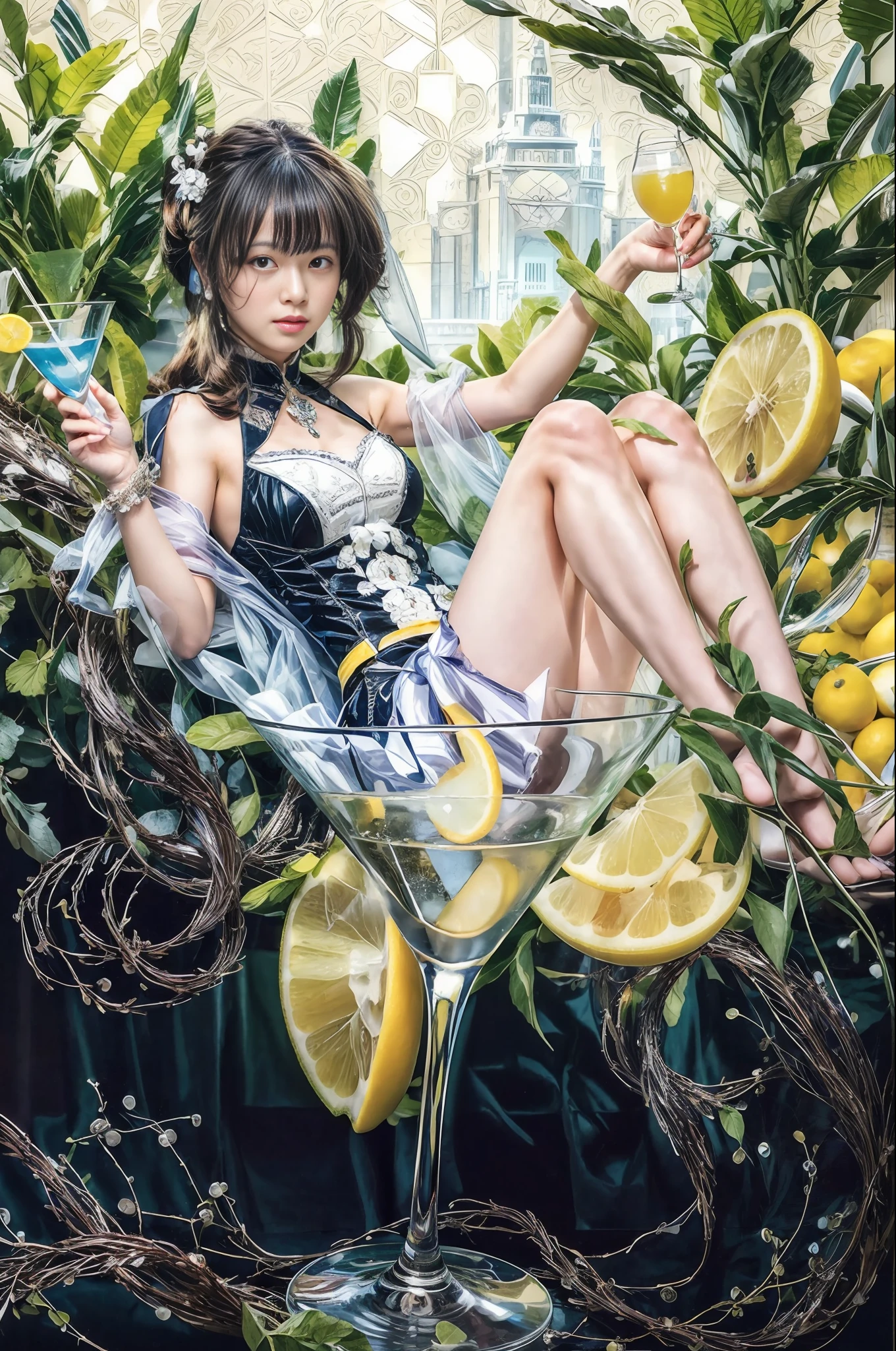 (masterpiece), (intricate details), (photorealistic:1.3), (film grain:1.4), (perfect anatomy), [:(intricate details), (detailed skin), (detailed face):0.2], in container, cocktail glass, 1girl sitting in a martini glass, with lemons, with a drink, full body,