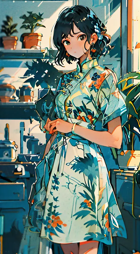 1girl, plant, solo, jewelry, earrings, potted plant, black hair, dress, looking at viewer, short sleeves, bangs, blush, brown ey...