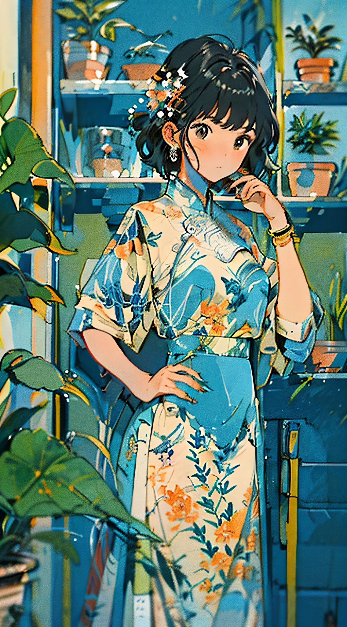 1girl, plant, solo, jewelry, earrings, potted plant, black hair, dress, looking at viewer, short sleeves, bangs, blush, brown eyes, floral print, indoors, bracelet, standing, shelf, short hair, hair ornament, print dress, nail polish, blue dress, medium hair, braid, chinese clothes, closed mouth