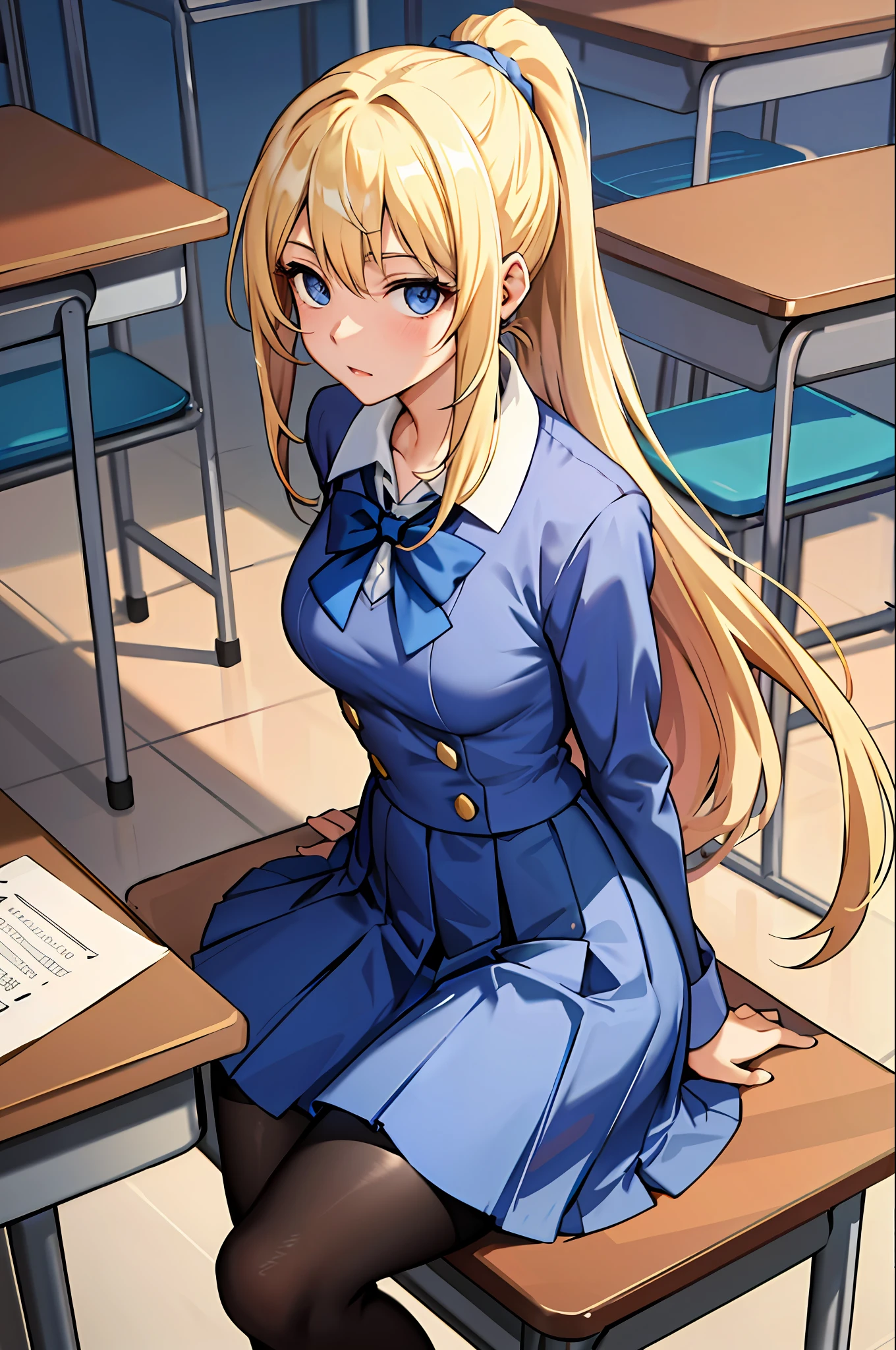 (Masterpiece: 1.2, Best Quality), 1 Lady, Solo, School Uniform, Classroom, Day, Seated, Blonde, Ponytail, Blue Eyes, Open Collabora Bone, Gal, Open Chest, Tights