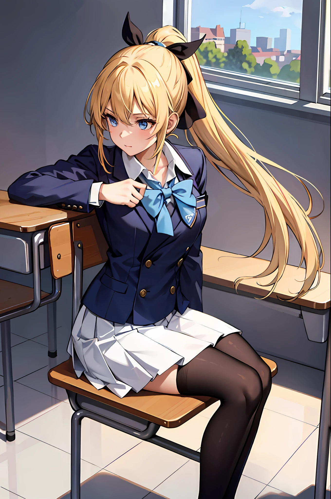 (Masterpiece: 1.2, Best Quality), 1 Lady, Solo, School Uniform, Classroom, Day, Seated, Blonde, Ponytail, Blue Eyes, Open Collabora Bone, Gal, Open Chest, Tights