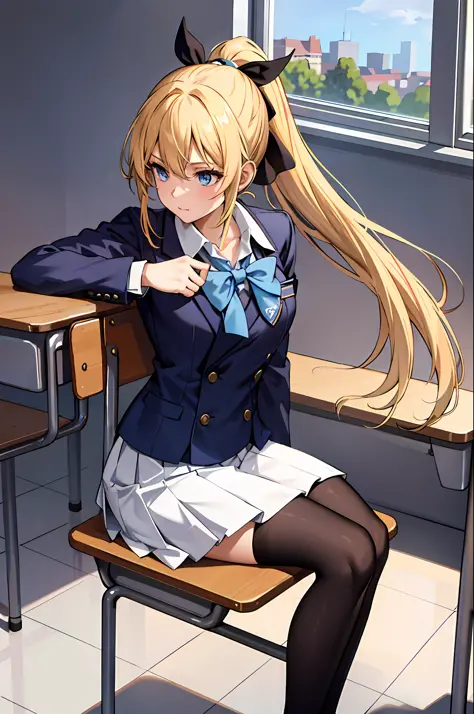 (Masterpiece: 1.2, Best Quality), 1 Lady, Solo, School Uniform, Classroom, Day, Seated, Blonde, Ponytail, Blue Eyes, Open Collab...