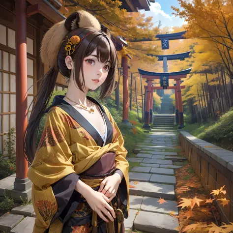 masterpiece, (1 woman: 1.8), autumn twilight, personification of tanuki, yellow skin, brown hair, red at the tips only, black an...