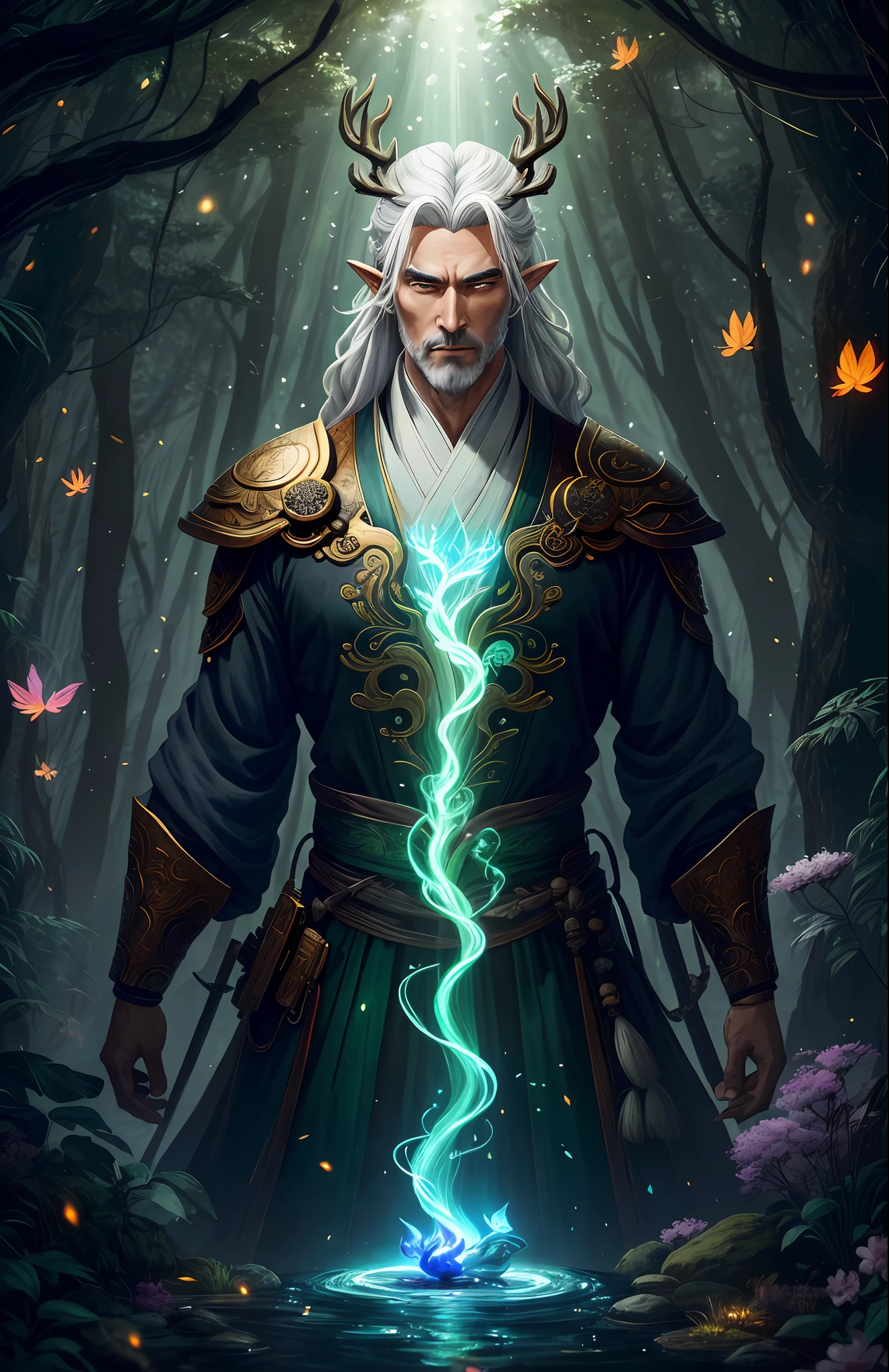 Masterpiece, best quality, (very detailed CG unified 8k wallpaper), (best quality), (best illustration), (best shadow), close-up of a man with white hair and white mask, beautiful figure painting, Guviz, Guvitz style artwork, white-haired god, Yang J, epic exquisite character art, amazing character art, Fan Qi, Wu Zhun Shifan, Guvitz in pixiv art station, glowing elf, with a glowing deer, drinking water in the pool, Natural elements in forest theme. Mysterious forest, beautiful forest, nature, surrounded by flowers, delicate leaves and branches surrounded by fireflies (natural elements), (jungle theme), (leaves), (branches), (fireflies), (particle effects) and other 3D, Octane rendering, ray tracing, super detailed