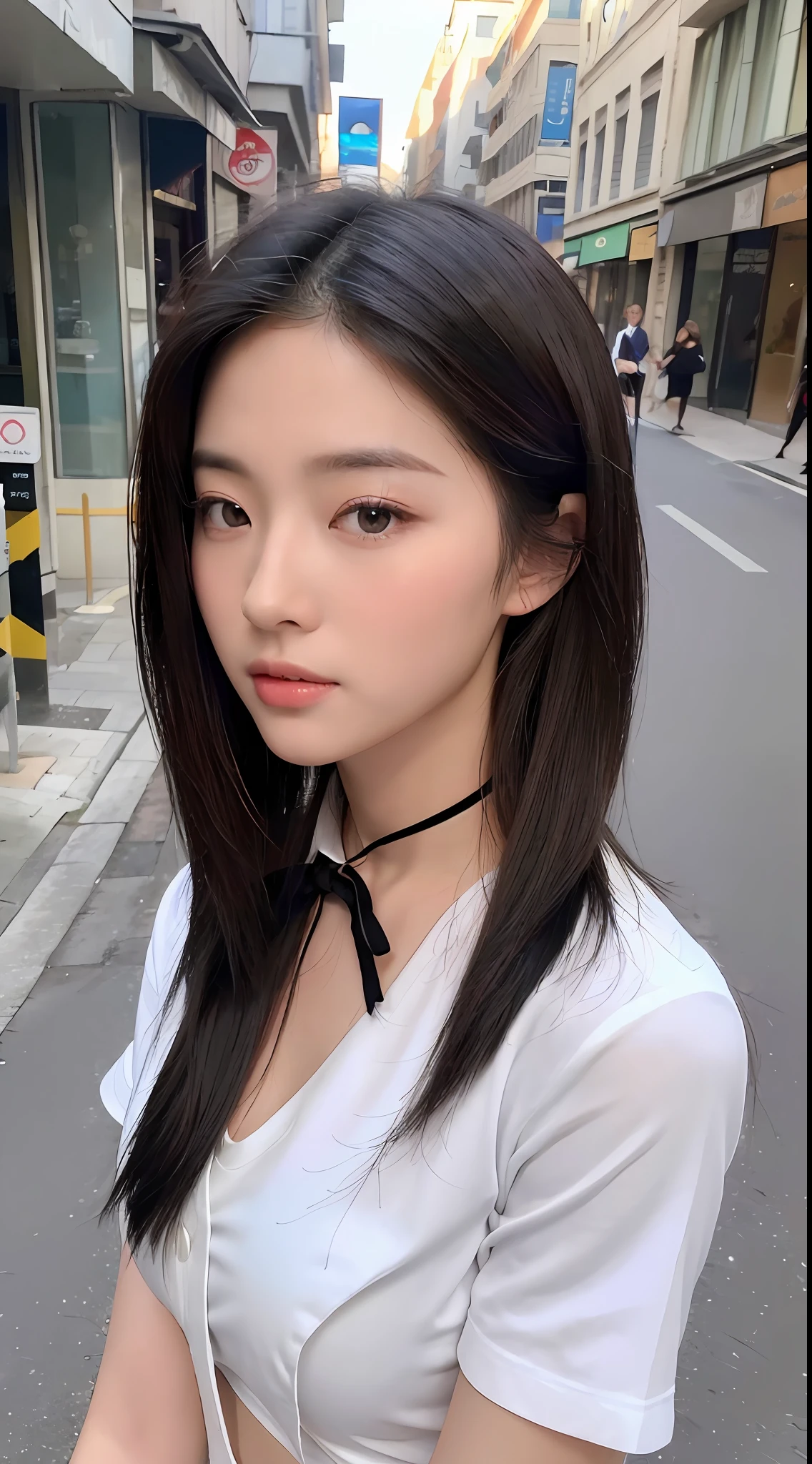 ((Boutique 8K Brilliant: 1.3)), Sharp Lens: 1.2, Perfect Body Beauty: 1.4, Slim Abs: 1.2, ((Layered Hairstyle: 1.2)), (White Short Sleeve Shirt, Black Tie: 1.1), (Big Breasts, Street: 1.2), Detailed Face and Skin Texture, Delicate Double Eyelids, Carefully Made Eyes.