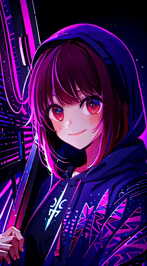 detailed background, masterpiece, best quality, smile, ornament, hoodie, portrait, neon, graffiti, dark, night, glowing eyes, bl...