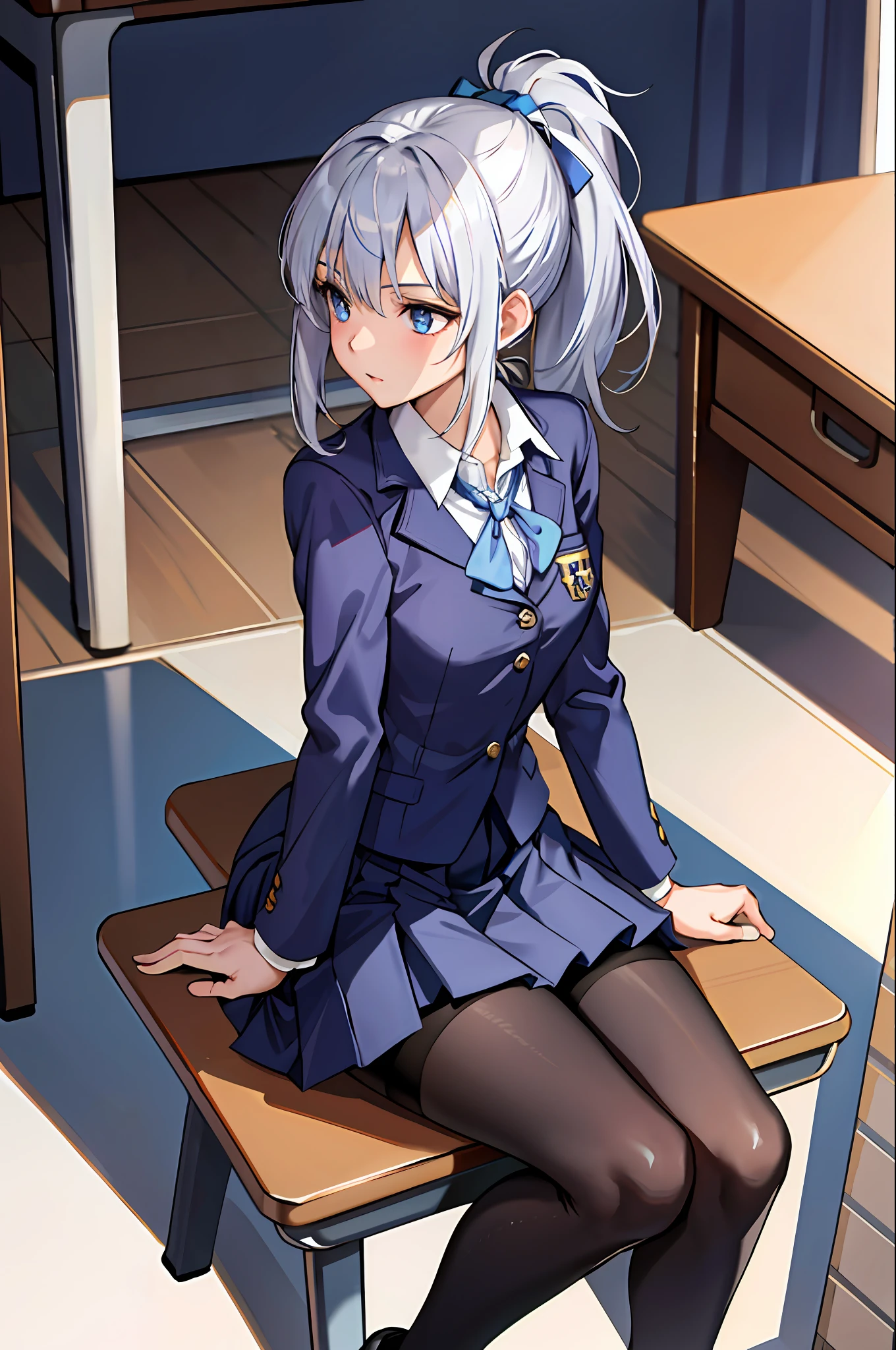 (Masterpiece: 1.2, top quality), 1 Lady, Solo, School uniform, Classroom, Day, Sitting, Silver hair, Ponytail, Blue eyes, Open collaboration bone, Gal, Open chest, Tights