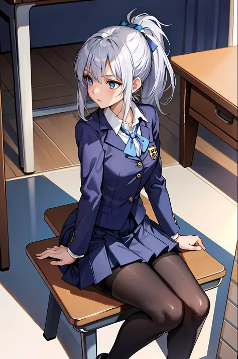 (Masterpiece: 1.2, top quality), 1 Lady, Solo, School uniform, Classroom, Day, Sitting, Silver hair, Ponytail, Blue eyes, Open c...