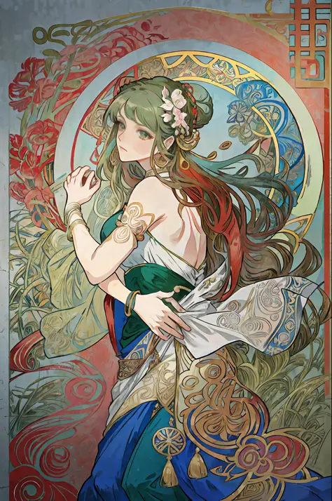 (Alphonse Mucha: 1.4), facial portrait of a European beauty, dance, long hair, red and green gradient hair flower decoration, (n...