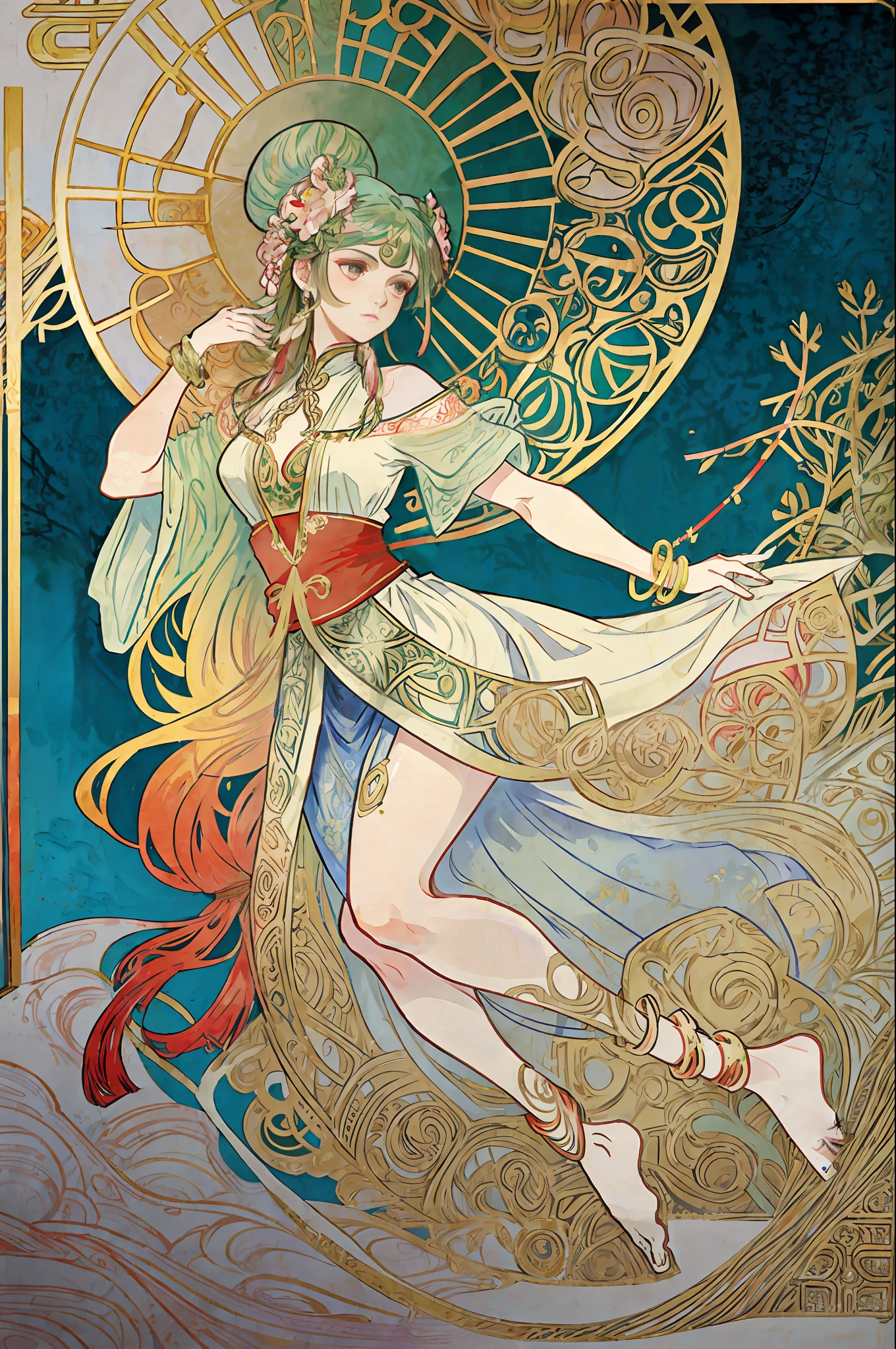 (Alphonse Mucha: 1.4), facial portrait of a European beauty, dance, long hair, red and green gradient hair flower decoration, (no clothes: 2), (details +Intricate details: 1.2), 4K, abstract art, body is proportional, line art, side face, color, Fibonacci, an ancient Chinese beauty, gorgeous costume embroidered with intricate embroidery, transparent colored streamers tied on arms, flowing, navel, bare shoulders, bare neck coiled hair bun, flower hairpin, arm ring tied with streamer, bracelet, anklet, metal chain tassel tied around the waist, Mogao cave art, Dunhuang flying sky mural inspiration, ink, cgstation popular --v 6