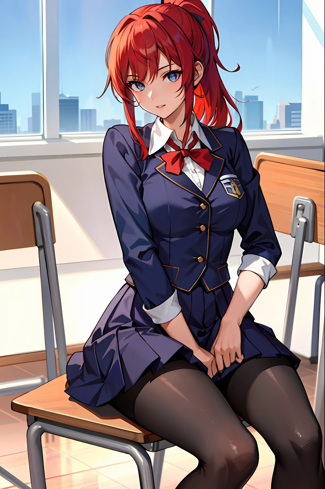 (Masterpiece: 1.2, Best Quality), 1 Lady, Solo, School Uniform, Classroom, Day, Seated, Red Hair, Ponytail, Blue Eyes, Open Collabora Bone, Gal, Open Chest, Tights