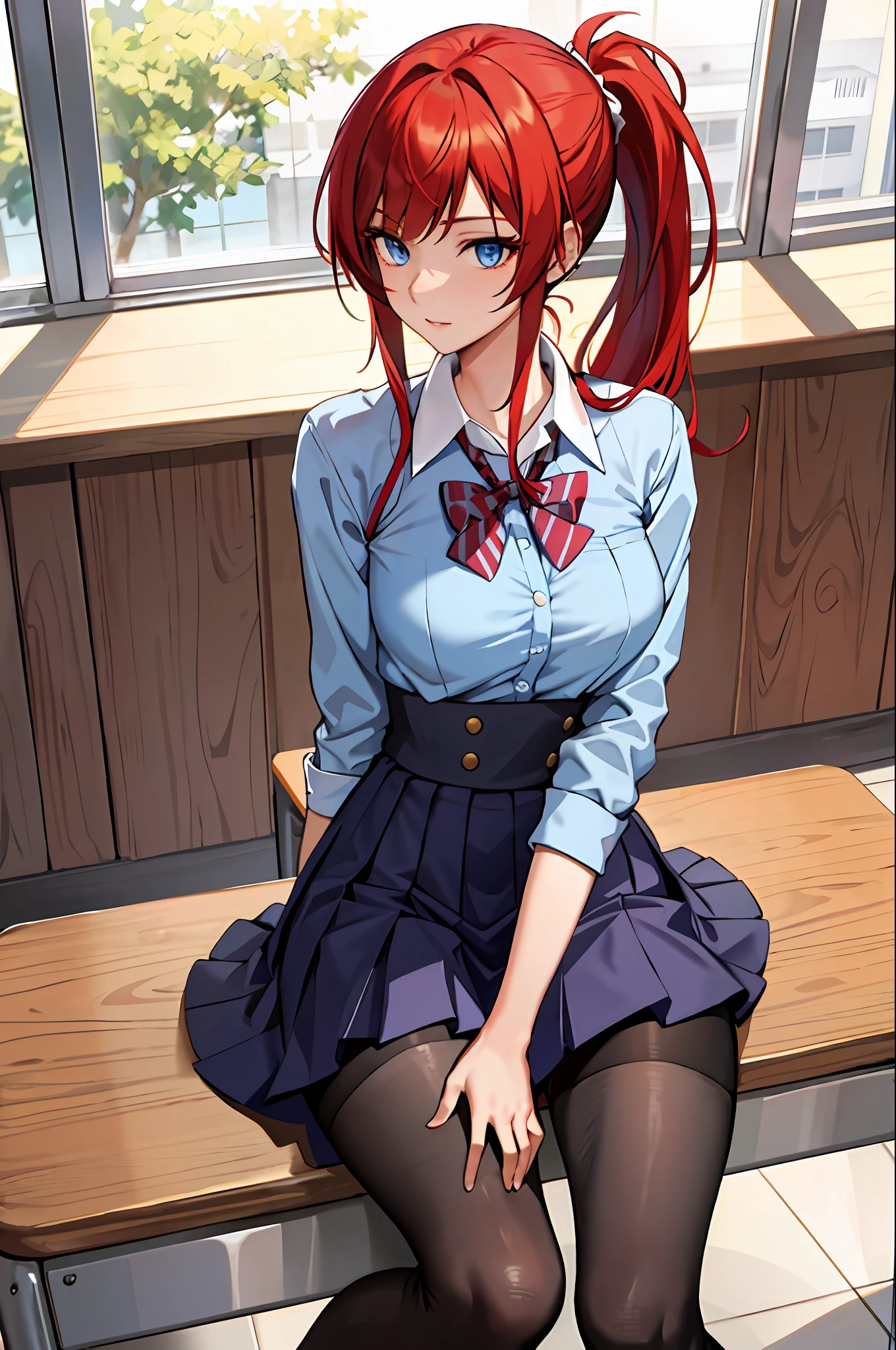 (Masterpiece: 1.2, Best Quality), 1 Lady, Solo, School Uniform, Classroom, Day, Seated, Red Hair, Ponytail, Blue Eyes, Open Collabora Bone, Gal, Open Chest, Tights