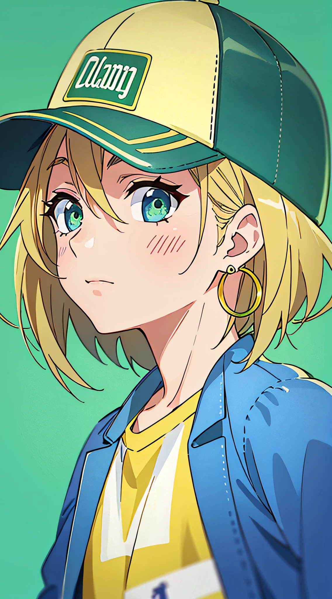 lucky star, masterpiece, best quality, 1girl, aqua eyes, baseball cap, blonde hair, closed mouth, earrings, green background, hat, hoop earrings, jewelry, looking at viewer, shirt, short hair, simple background, solo, upper body, yellow shirt