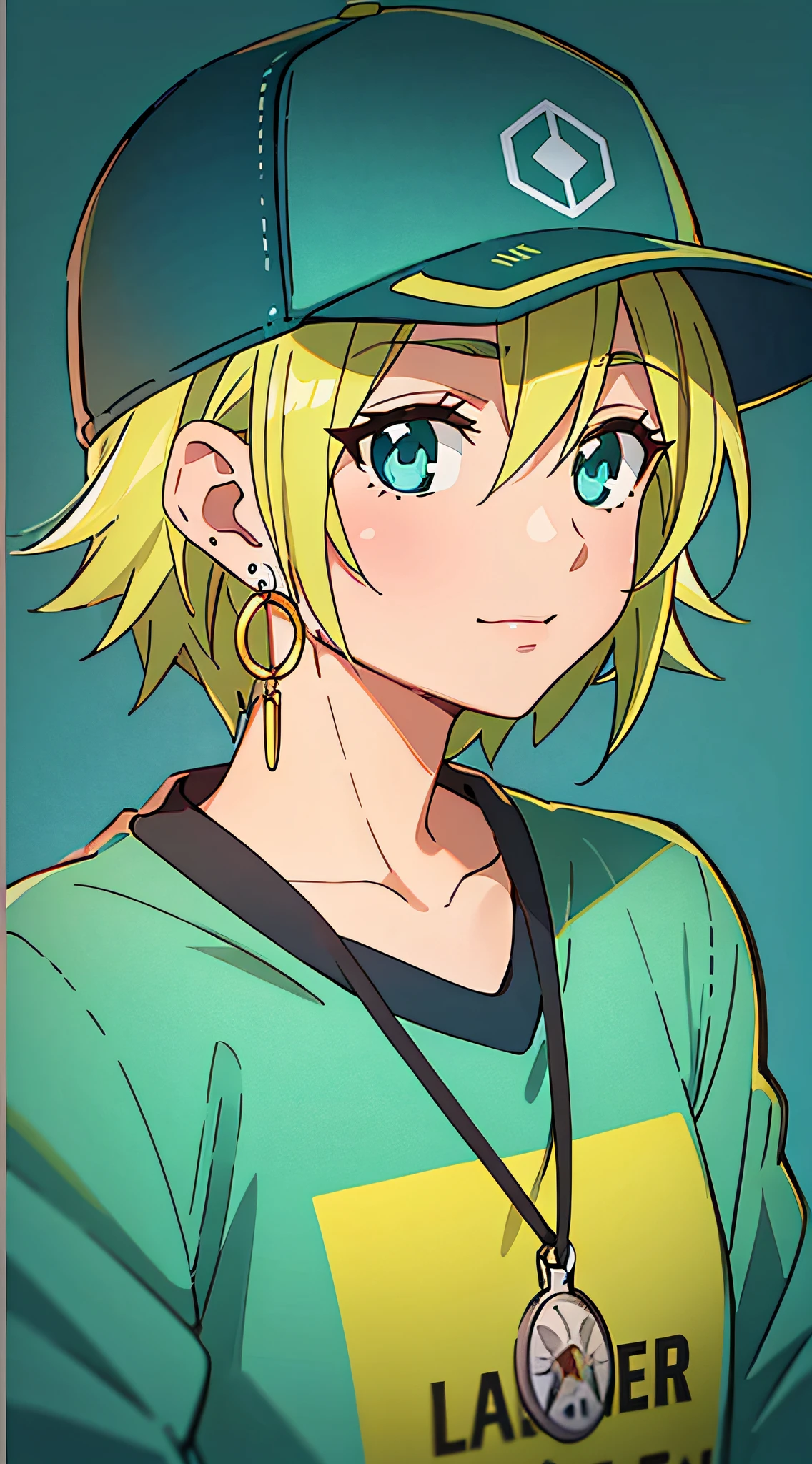 lucky star, masterpiece, best quality, 1girl, aqua eyes, baseball cap, blonde hair, closed mouth, earrings, green background, hat, hoop earrings, jewelry, looking at viewer, shirt, short hair, simple background, solo, upper body, yellow shirt