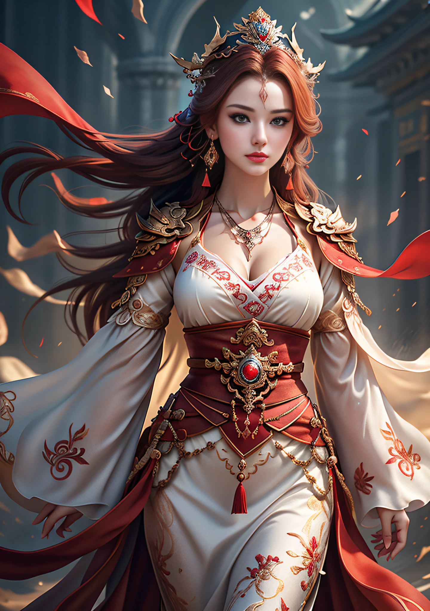 Best quality, masterpiece, ultra-detailed high resolution, (charming: 2.0), (very seductive hot eyes: 2.0), (realistic: 1.4), original photos, illustrations, wanjian, multiple weapons (luminous weapons) 1 girl dancing, (Solo: 1.2), (Cowboy Lens: 1.2), (Hair Crown: 1.2), Chinese Dunhuang Traditional Costumes, (Red Eyeliner: 1.2), (Evil: 1.4), (V-Neck: 1.5), (Large Necklace: 1.4), Lace Armor, (Evil Eye: 2.0), (Audience: 1.5), Earrings, Dynamic Angle, Opera House, messy_long_hair, Ink, Cinema Lighting, lens_flare, Velvet, Tassels, Ribbons, Color Embroidery, white gold red,
