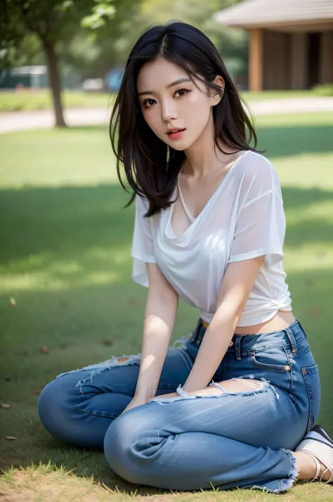 A sexy and charming asian girl, shawl hair, lying on the grass in T-shirt and jeans, tall figure, delicate facial features, vivid eyes, masterpiece, RAW, photography, Fujifilm style, photo grain, full body shot, panorama, seductive posture, dynamic pose