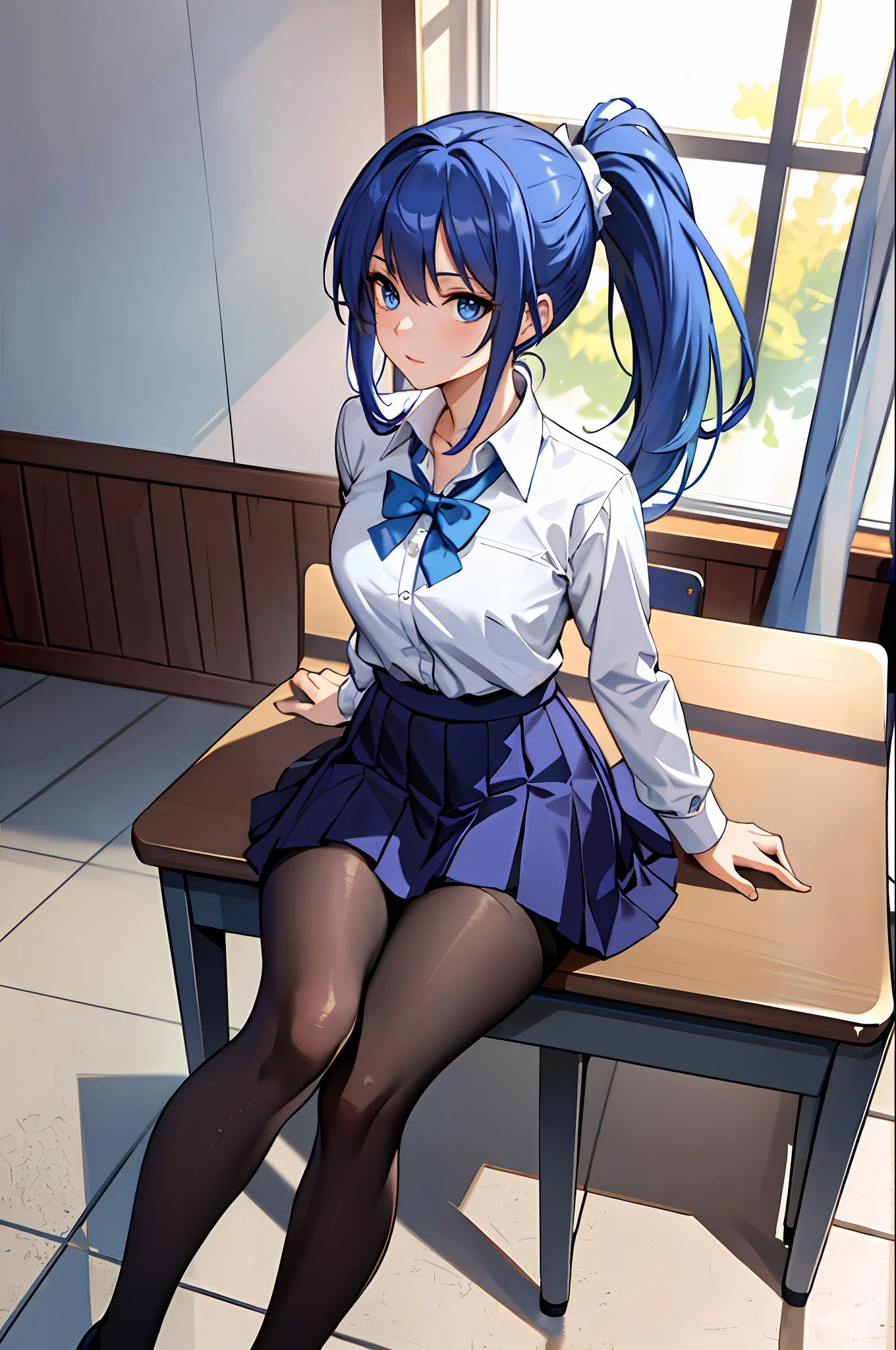 (Masterpiece: 1.2, Best Quality), 1 Lady, Solo, School Uniform, Classroom, Day, Seated, Blue Hair, Ponytail, Blue Eyes, Open Collabora Bone, Gal, Open Chest, Tights