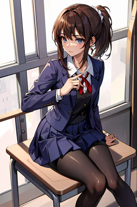 (Masterpiece: 1.2, highest quality), 1 Lady, Solo, School Uniform, Classroom, Day, Seated, Brown Hair, Ponytail, Blue Eyes, Open...