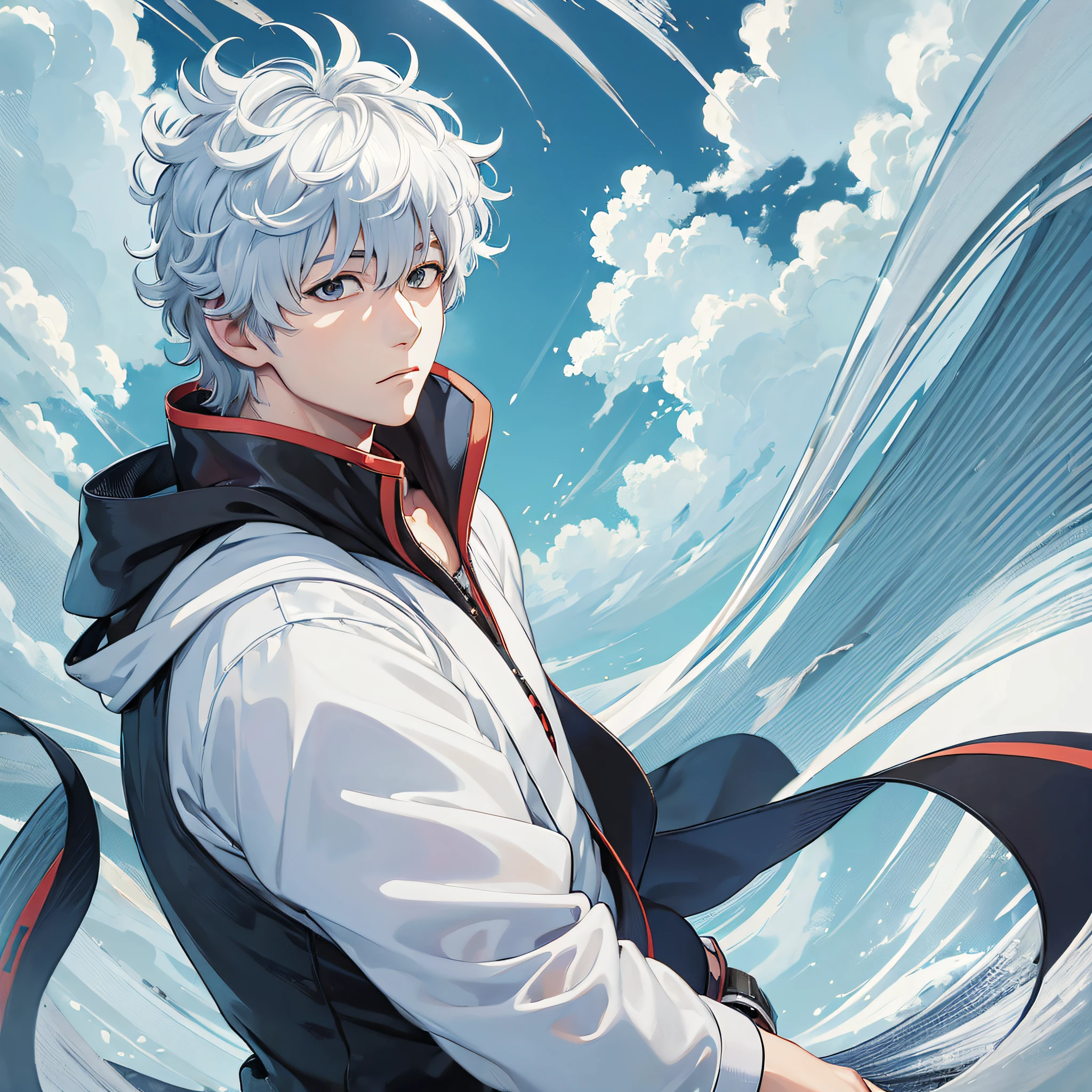 ((Sakata Gintoki + Gintama)), anime, standing art quality, stable details, smooth lines, Silver time as the main body, humorous movements, close-up of the head of glasses, surrounded by clouds of white, blue, and gray. --auto --s2