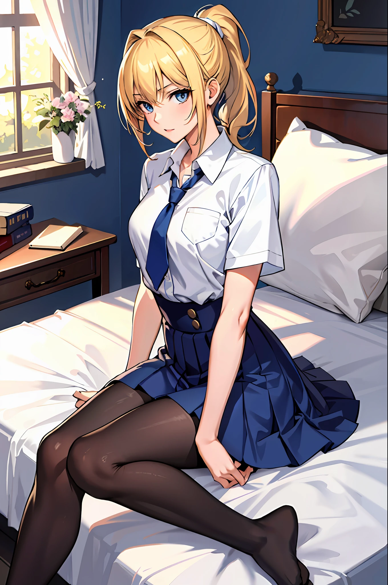 (Masterpiece: 1.2, Best Quality), 1 Lady, Solo, School Uniform, Bedroom, Seated, Blonde, Ponytail, Blue Eyes, Open Collabora Bone, Gal, Open Chest, Tights