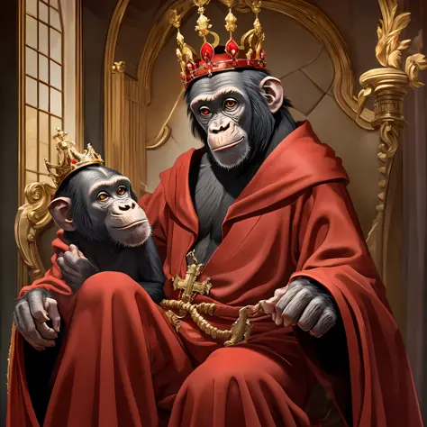 chimpanzee sitting on the throne,with a crown on his head,wearing a red robe,with his leg cross,common mischievous smile,8knreal...