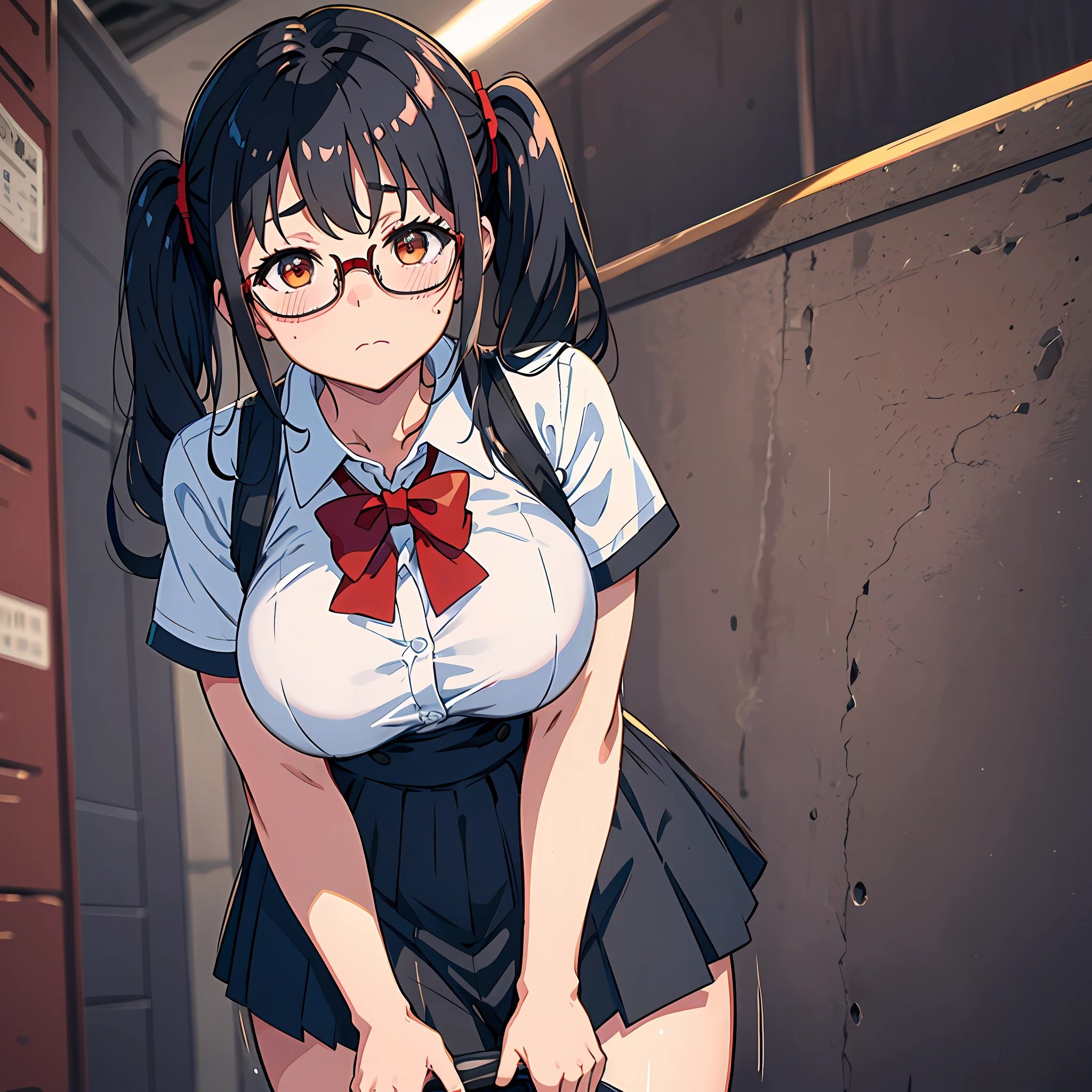 dimly lit warehouse, girl in trouble, 16 years old, , big breasts, black hair pigtails, snappy, black hair, brooding, glasses, holding crotch with both hands, chubby,, red cheeks