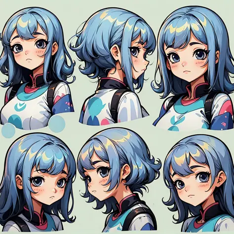Character design sheet, same character, front, side, back), illustration, 1 girl, hair color, bangs, hairstyle fax, eyes, environment change, white background --auto --s2