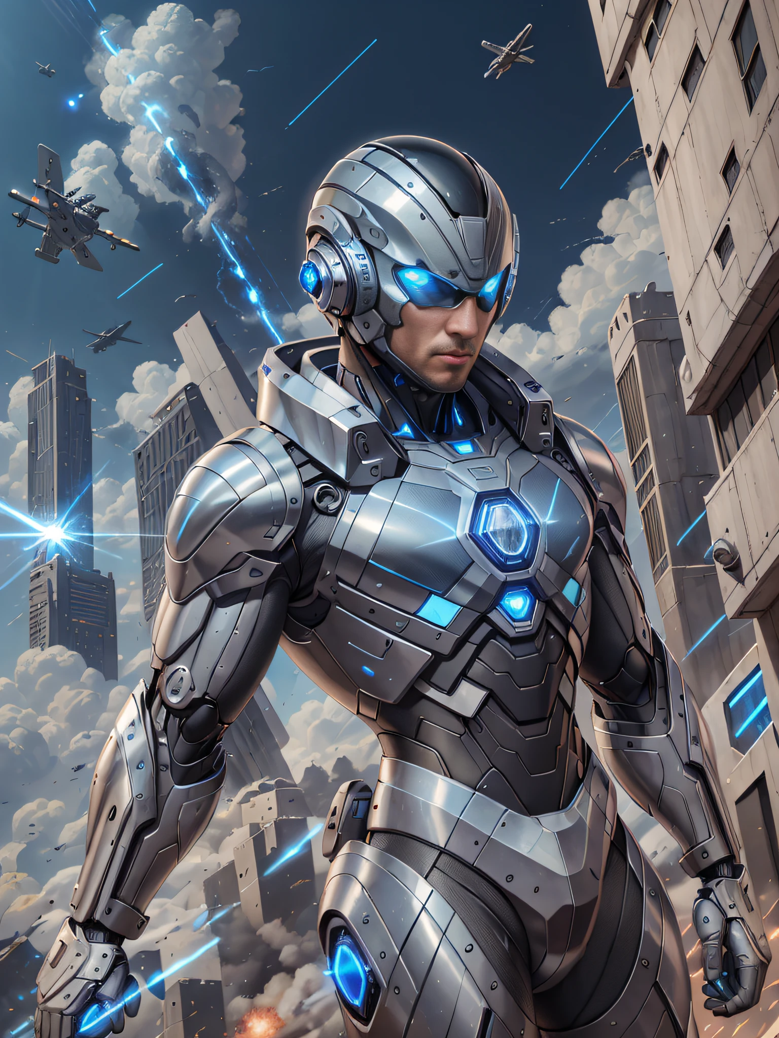 8K, Best Quality, Masterpiece, Ultra High Resolution, (Realism: 1.4),
 Men, in futuristic clothes,
High-tech combat suit, cold face, (blue pupils), ((blue crystal eyes)), red laser beam,
holding holographic projection shield, black cloud, lightning, aerial battlefield background, falling plane, armored vehicle, flying anti-aircraft missile, exploding flames, mechanically built bird, real person, real face, cool,
 Perfect Cyborg Wearing Sci-Fi Headset, Cool Man, Cyborg, Silver Hair, Manipulator, CG,