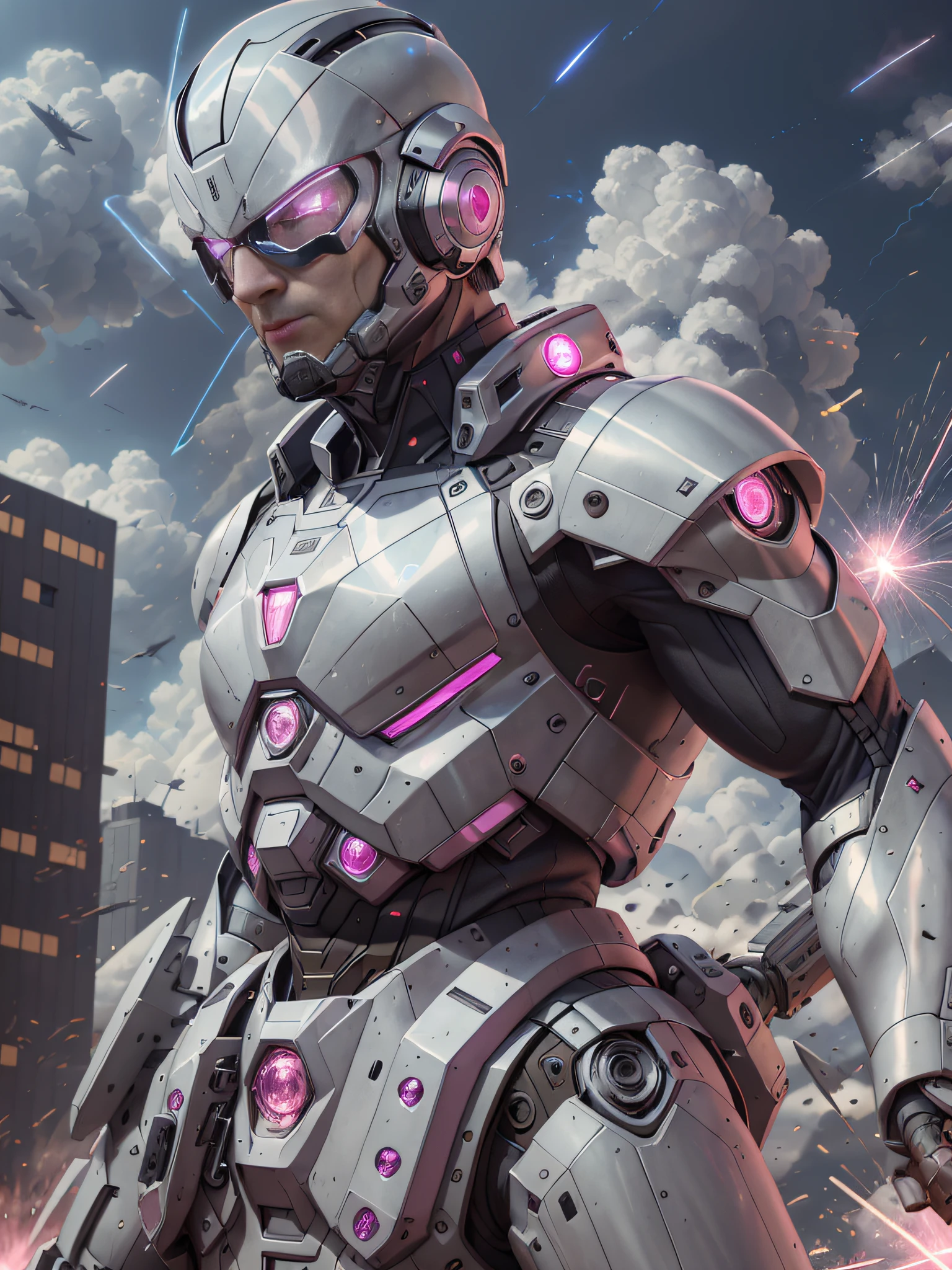 8K, Best Quality, Masterpiece, Ultra High Resolution, (Realism: 1.4),
 Men, in futuristic clothes,
High-tech combat suit, cold face, (pink pupils), ((pink crystal eyes)), red laser beam, coquettish, macho,
holding holographic projection shield, black clouds, lightning, real aerial battlefield background with floating dust, falling planes, armored vehicles, flying anti-aircraft missiles, exploding flames, real people, real face, cool,
 Perfect Cyborg Wearing Sci-Fi Headset, Cool Man, Cyborg, Silver Hair, Manipulator, CG,