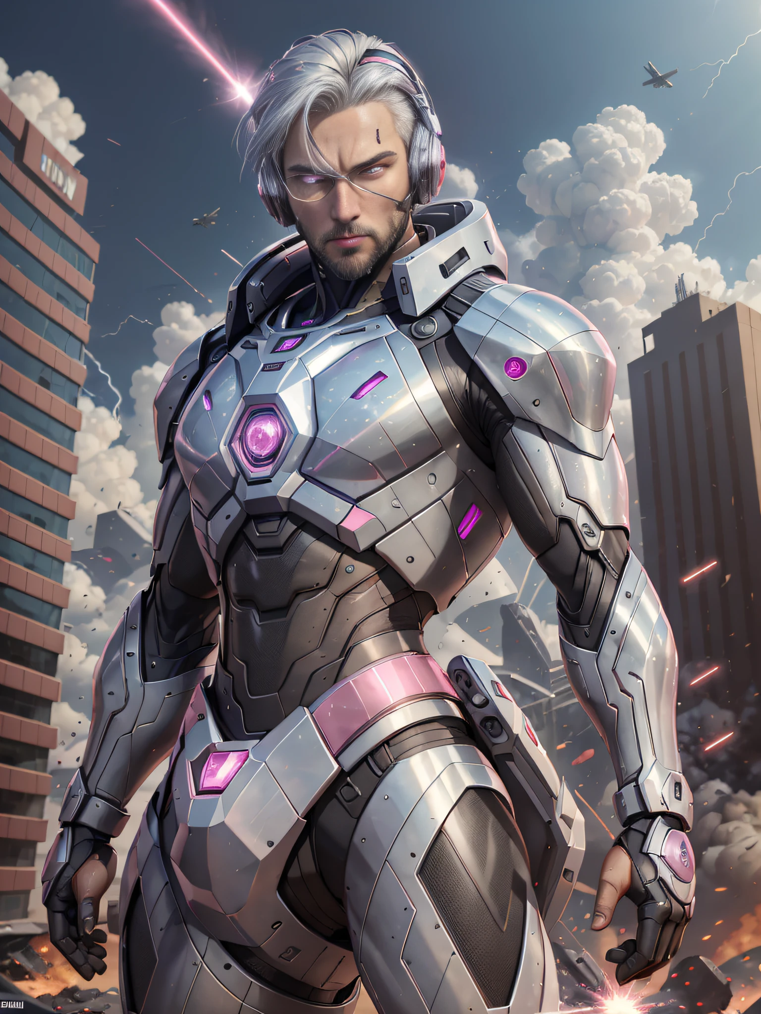 8K, Best Quality, Masterpiece, Ultra High Resolution, (Realism: 1.4),
 Men, in futuristic clothes,
High-tech combat suit, cold face, (pink pupils), ((pink crystal eyes)), red laser beam, full-body, coquettish, macho,
holding holographic projection shield, black clouds, lightning, real aerial battlefield background with floating dust, falling planes, armored vehicles, flying anti-aircraft missiles, exploding flames, real people, real face, cool,
 Perfect Cyborg Wearing Sci-Fi Headset, Cool Man, Cyborg, Silver Hair, Manipulator, CG,