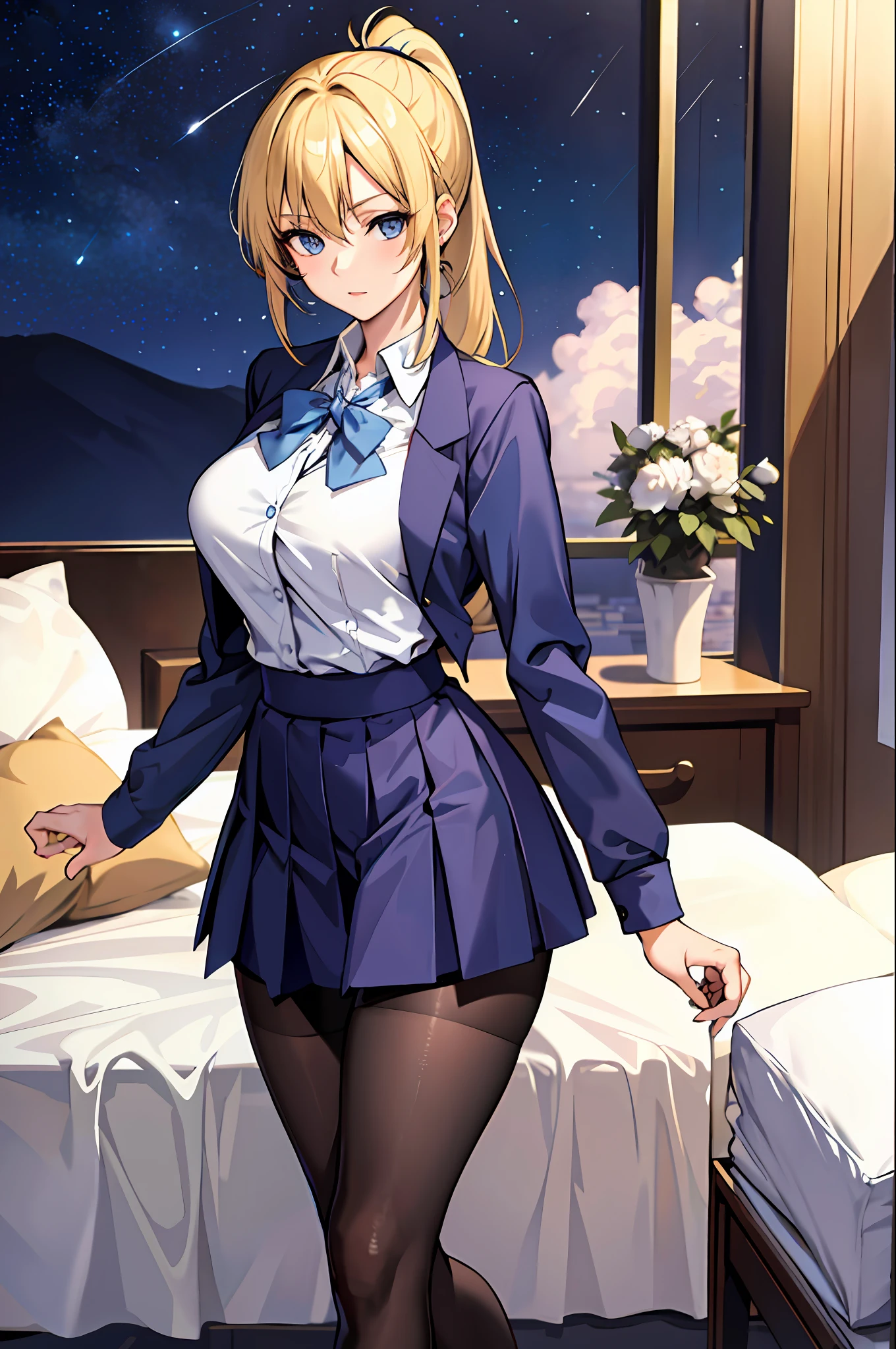 (Masterpiece: 1.2, Best Quality), 1 Lady, Solo, School Uniform, Bedroom, Night, Blonde, Big , Ponytail, Blue Eyes, Open Collabora Bone, Gal, Open Chest, Tights