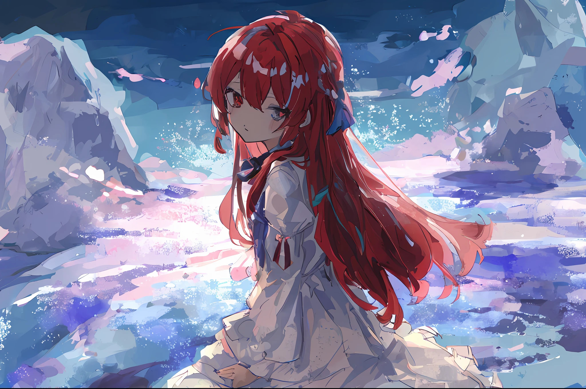 anime girl with red hair and a white dress sitting on a rock, digital art on pixiv, anime artstyle, anime style 4 k, cute anime waifu in a nice dress, made with anime painter studio, zerochan art, beautiful anime art style, painted in anime painter studio, anime moe artstyle, high quality anime artstyle, beautiful anime style, beautiful anime