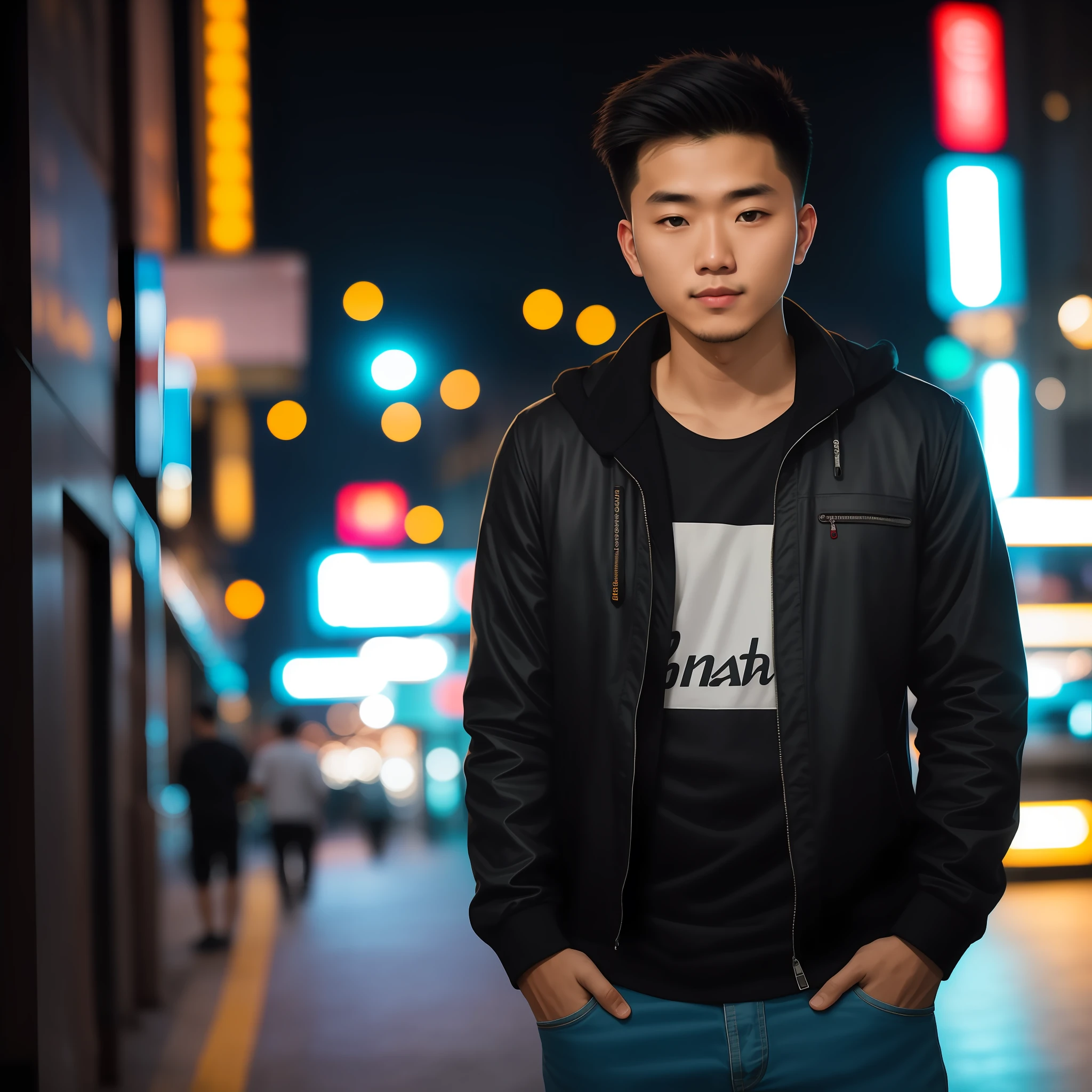 RAW photo, a portrait photo of 25 y.o man in casual clothes, night, Jacky Chan, city street, (high detailed skin:1.2), 8k uhd, dslr, soft lighting, high quality, film grain, Fujifilm XT3