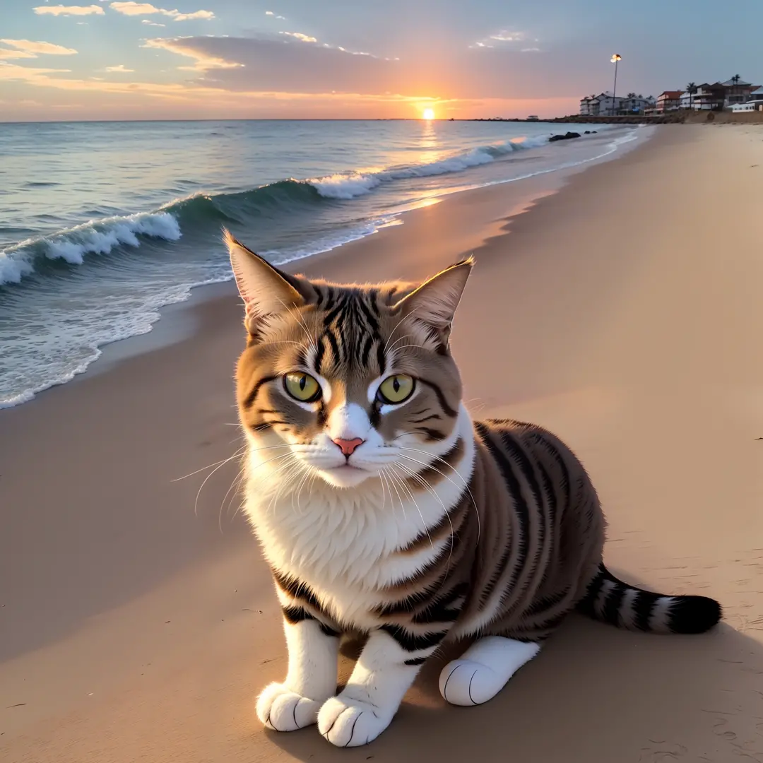 araffe cat sitting on the beach at sunset looking at the camera, watching the sunset, at the beach on a sunset, awesome cat, on the beach at sunset, at a beautiful sunset, looking off into the sunset, cat photo, on the beach during sunset, beautiful cat, s...