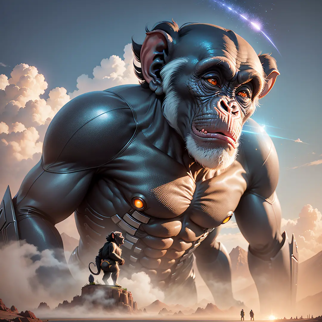 A highly detailed matte painting of a chimpanzee on a hill observing a giant alien alien robot, by Makoto Shinkai, by Artgerm, by WLOP, by Greg Rutkowski, volumetric lighting, octane rendering, 4K resolution, trend in ArtStation, Masterpiece --auto --s2