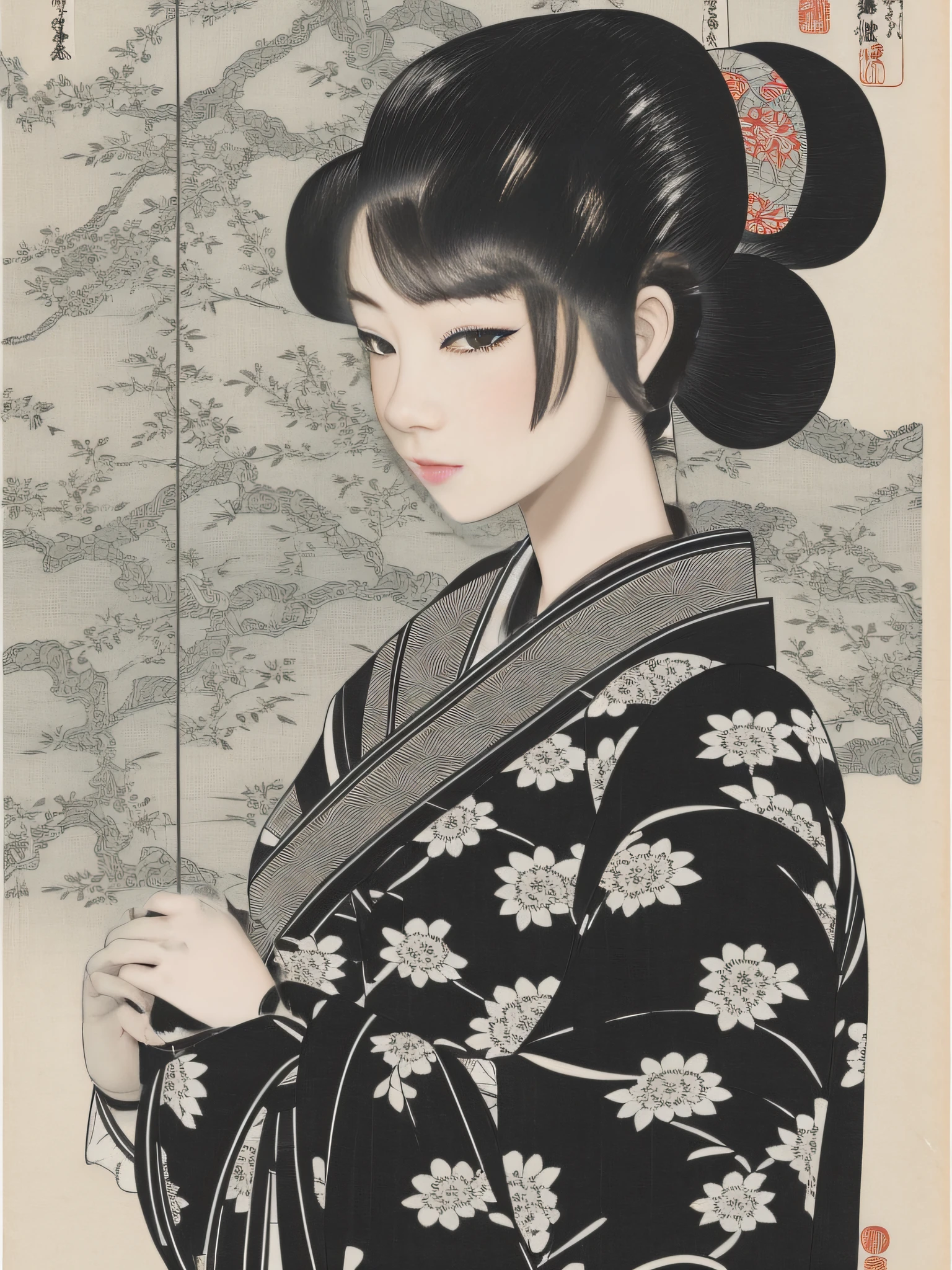 Black and white woodblock prints of the Edo period. The eyes are too big and too realistic. Please also include the atmosphere of ukiyo-e.