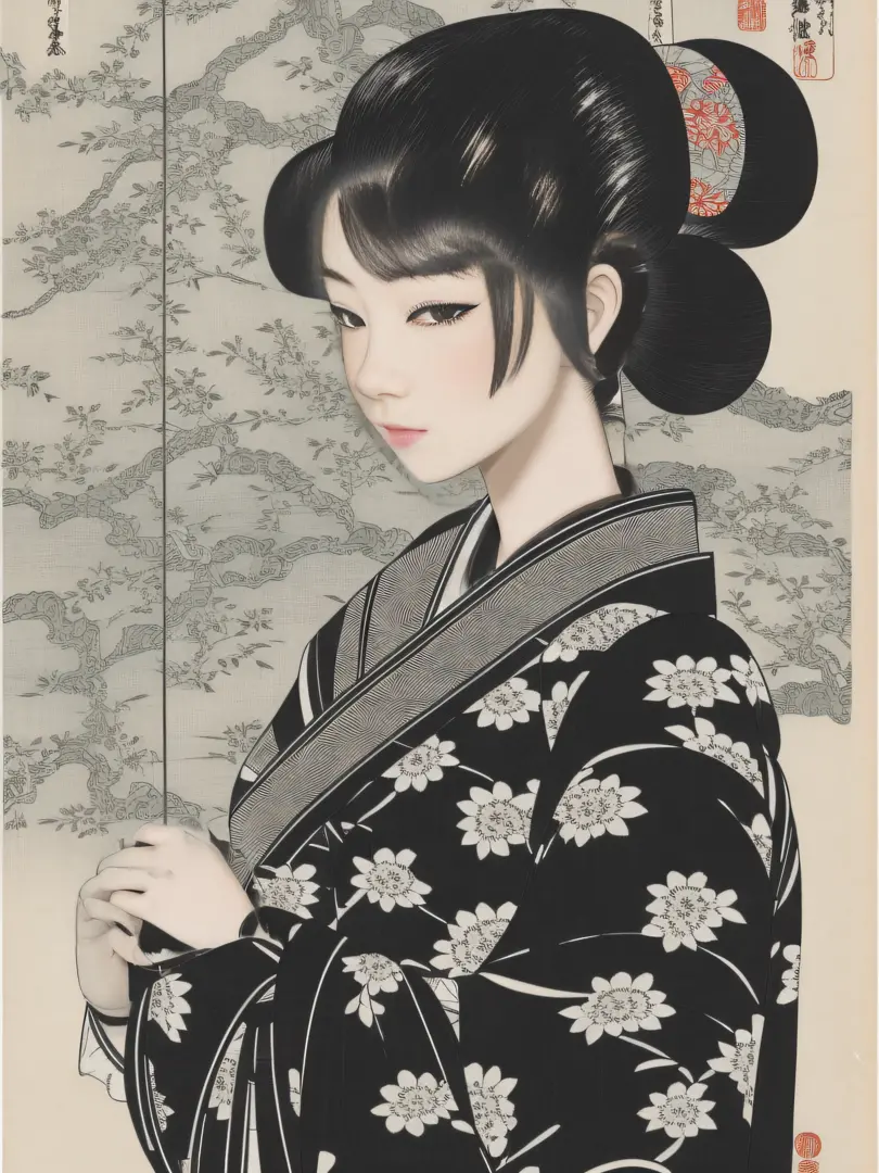 Black and white woodblock prints of the Edo period. The eyes are too big and too realistic. Please also include the atmosphere o...