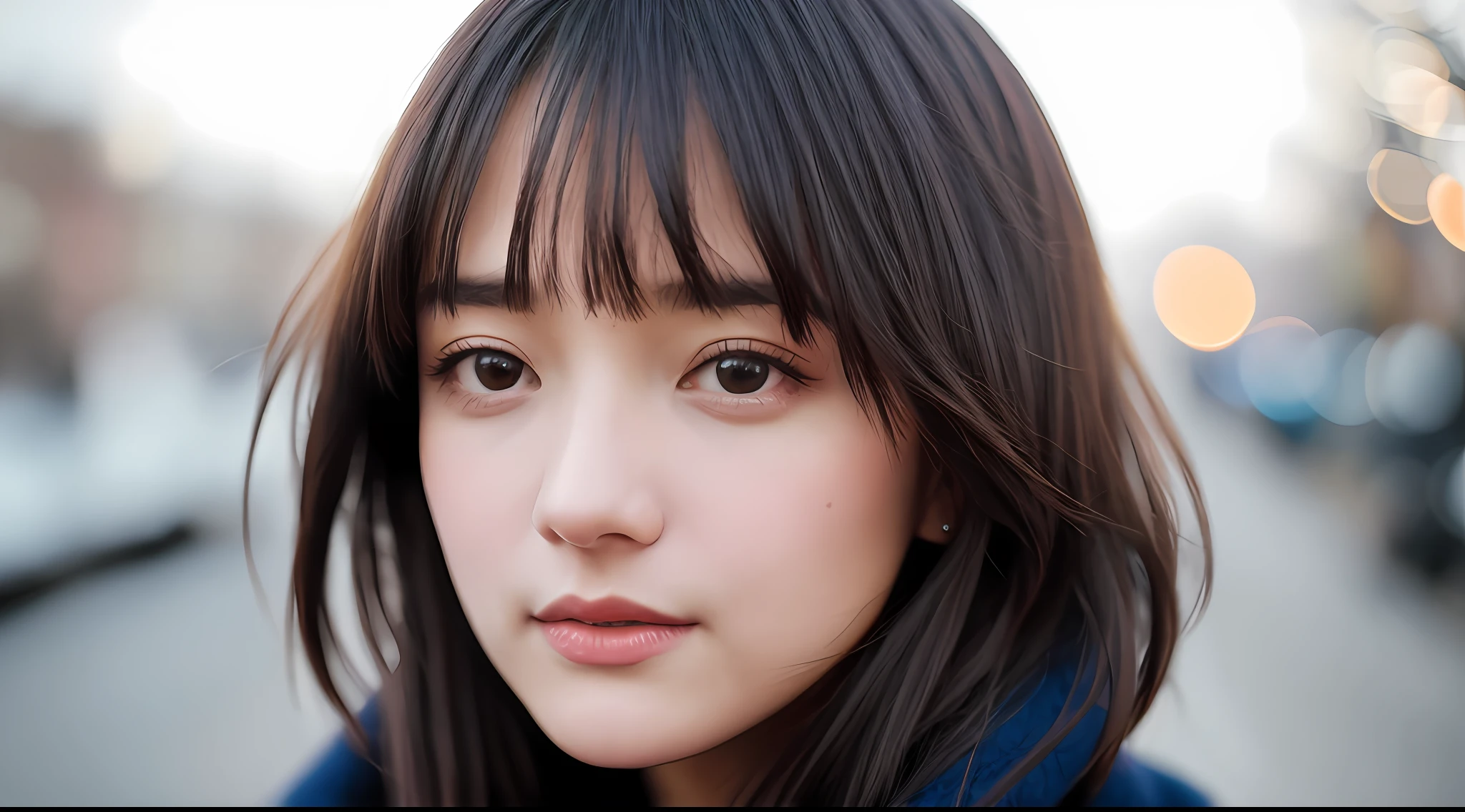 Stunning close-up portrait of a young and beautiful woman with RAW, analog style and impressive features. She should have long, flowing hair, a seductive gaze, and an attractive look. The background is neutral and simple, allowing the woman to be the focal point of the image. Pay attention to details, such as highlights and shadows on her face and hair, to create realistic and realistic images. Experiment with different lighting techniques to enhance the mood and atmosphere of your portrait. The final product should be a masterpiece that captures the essence and beauty of a woman ((very detailed skin, skin details)), Sharp Focus, Volumetric Fog, 8K, UHD, DSLR, High Quality, Film Grain, Fujifilm XT3, Long Sleeve Dress, Wool Dress, Dark Blue Floret Dress, Wearing a Woolen Coat, Short-Cut Hair, Tousled Hair, little smile, wind, antique street corner, north wind, dead leaves, fallen leaves, fallen leaves fluttering in the wind, cold, cold, street corner crowded with Christmas decorations, girl looking lonely alone, lights, orange city lights, warm lights, Christmas lights, blurred lights