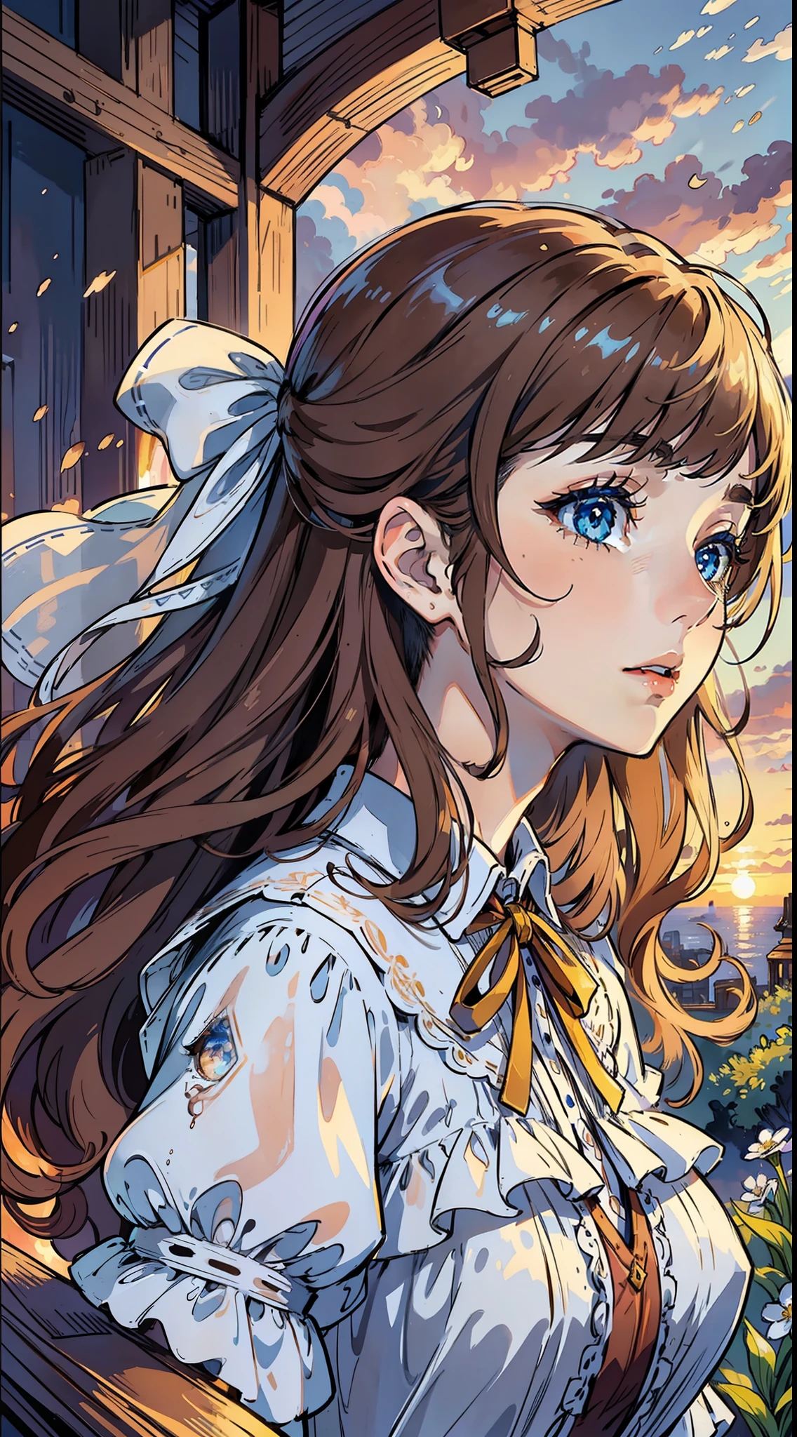 "((masterpiece))), best quality, ultra detailed, high resolution 8k CG wallpaper, stunning, delicate and beautiful illustration, dynamic angle, dynamic pose, (1 girl), blue eyes, (brown hair + luminous hair: 1.3 + curly hair: 1.2 + beautiful hair + perfect hair: 1.3 + ultra detailed hair: 1.3), Victorian white clothes, neck ribbon, beautiful face, too many drops of water,  Clouds, sunset, panoramic view, watercolor. "