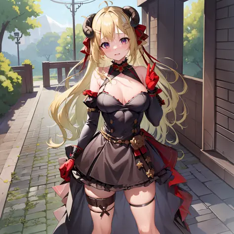 ((Masterpiece)), (Best Quality), Solo, Tsunomaki Watame, very long hair, WatameIdol, black dress, halterneck, detached sleeves, hairclip, red gloves, single glove, thigh strap, overskirt, hair ribbon, bare shoulders, (NSFW:1.4), Full Body