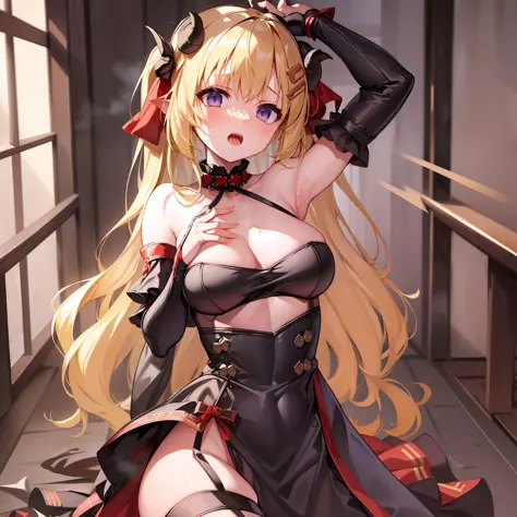 ((Masterpiece)), (Best Quality), Solo, Tsunomaki Watame, very long hair, WatameIdol, black dress, halterneck, detached sleeves, hairclip, red gloves, single glove, thigh strap, overskirt, hair ribbon, bare shoulders, (NSFW:1.4), Full Body