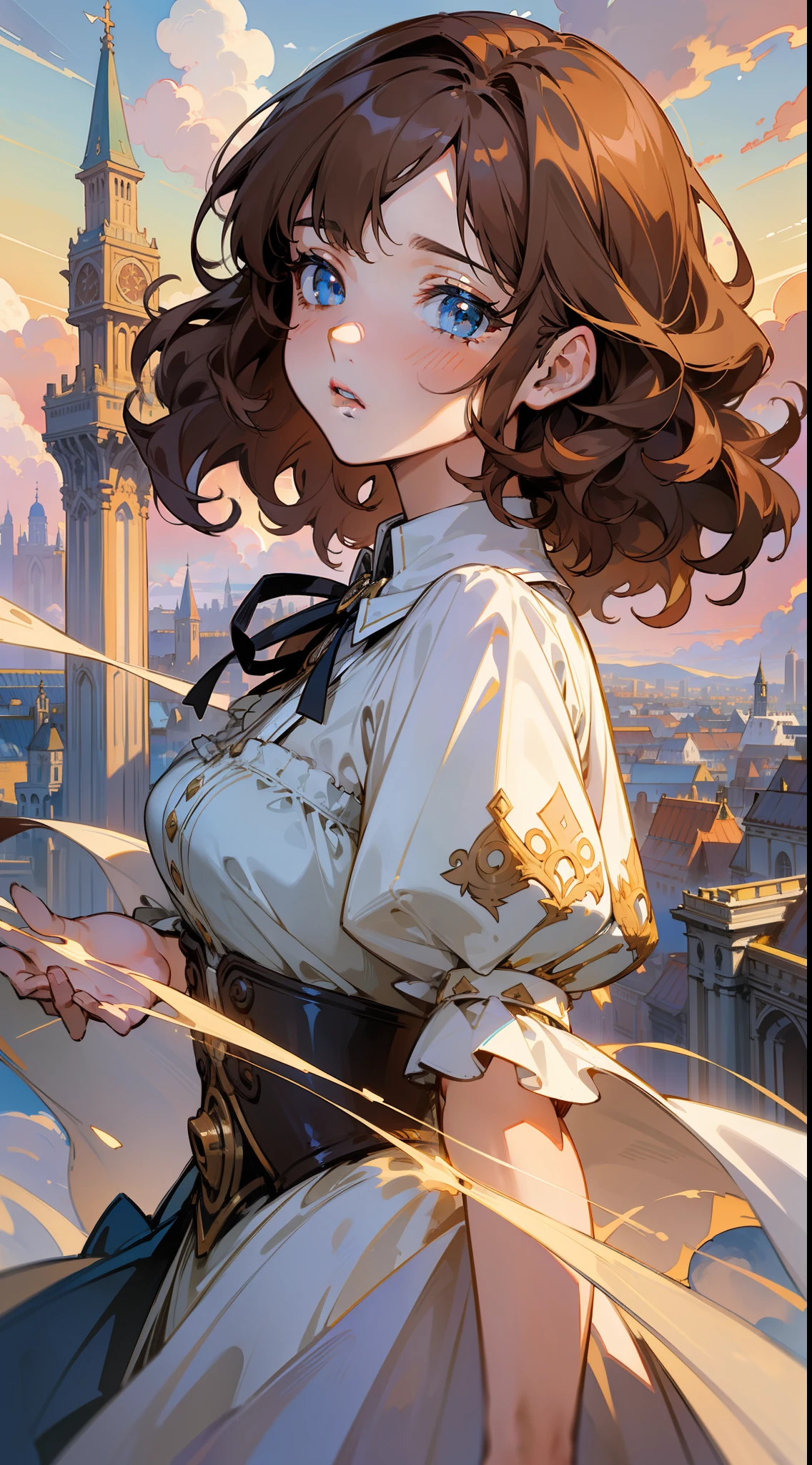 "((masterpiece))), best quality, ultra detailed, high resolution 8k CG wallpaper, stunning, delicate and beautiful illustration, dynamic angle, dynamic pose, (1 girl), blue eyes, (brown hair + luminous hair: 1.3 + curly hair: 1.2 + short hair + perfect hair: 1.3 + ultra detailed hair: 1.3), Victorian white linen, not sexy, neck ribbon, beautiful face, (fantasy city),  Clouds, sunset, panoramic view, watercolor. "