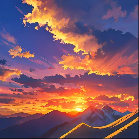 Sunset, clouds, mountains