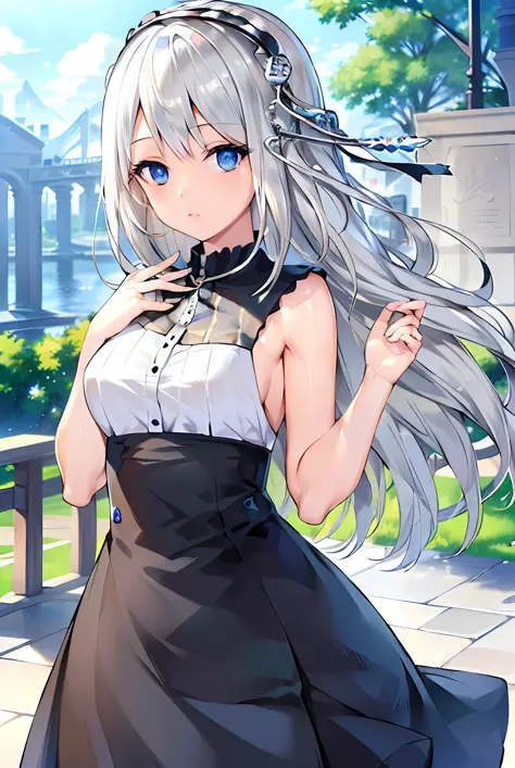 Best quality, masterpiece, white hair, blue eyes, upper body, Lolita, girl