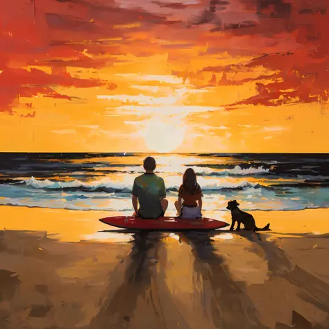 painting of a couple and their dog sitting on a surfboard on the beach, watching the sunset, on the beach at sunset, at the suns...