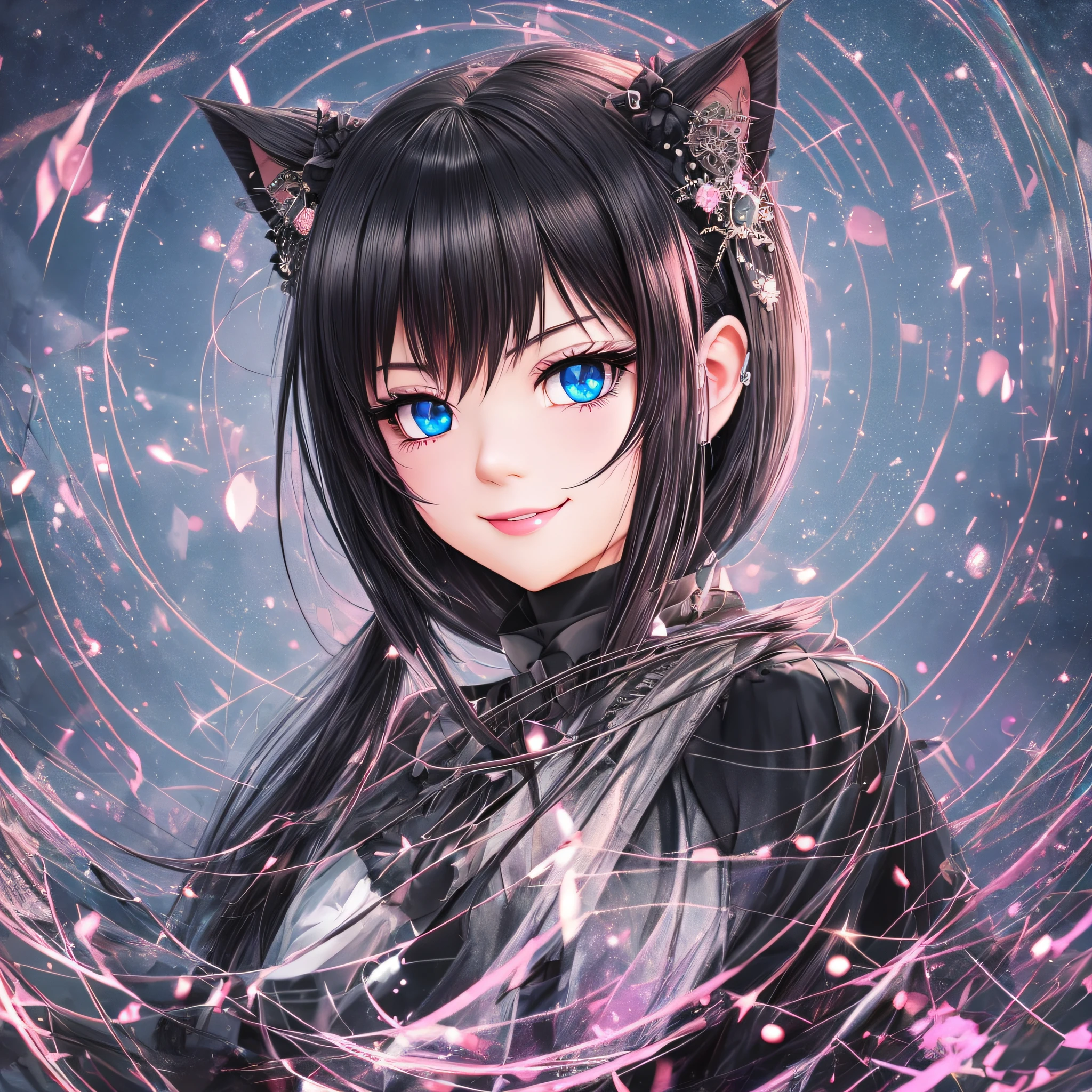 black hair, hair bobbles, wince, longeyelashes, solid circle eyes, fake animal ears, light smile, ear blush, fang, Surrealism, drop shadow, anaglyph, stereogram, tachi-e, pov, atmospheric perspective, Gothic art, 8k, super detail, ccurate, best quality。 --auto --s2