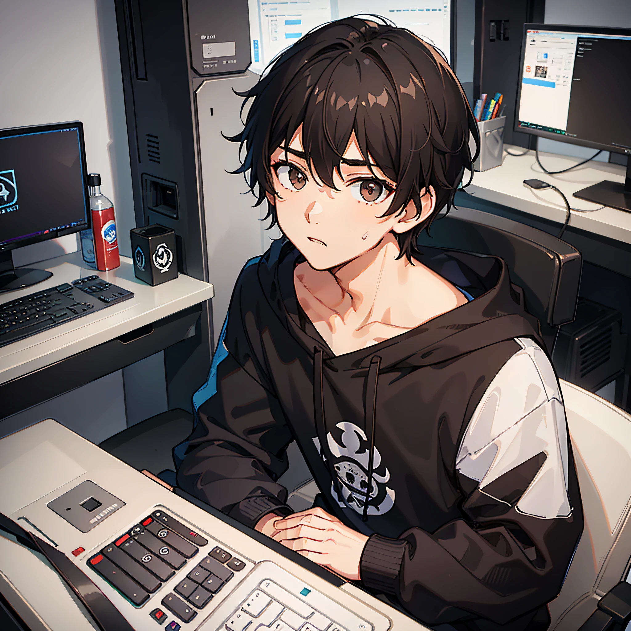 "A boy with short, wavy, dark hair, wearing a white sweatshirt and black sweatpants, sitting in front of a gaming computer, dark brown eyes."